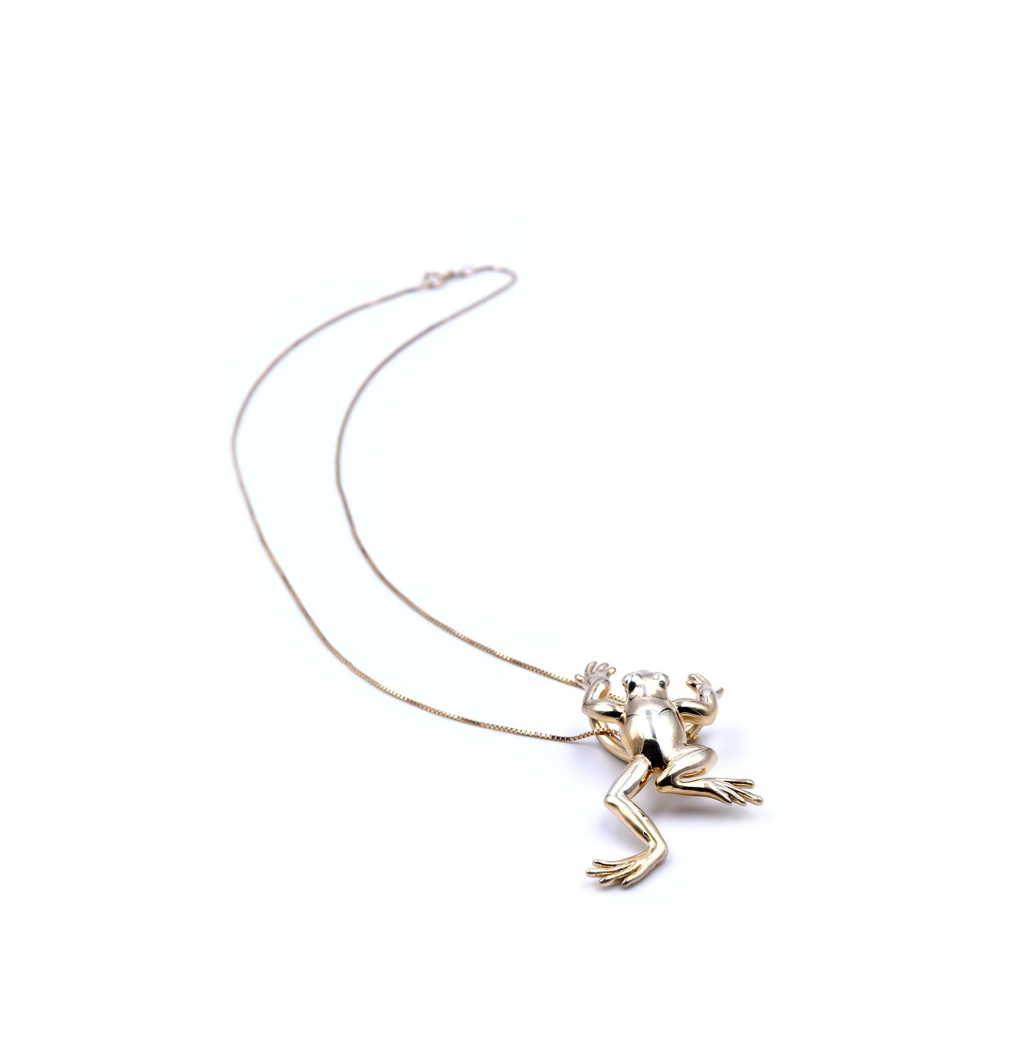 Designer: custom designed
Material: 14k yellow gold
Dimensions: necklace is 18-inches long, frog pendant is 32.55mm by 49.82mm
Weight: 3.71 grams
