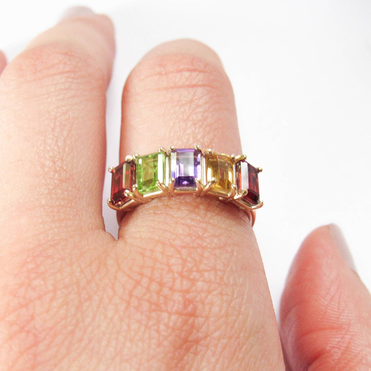 MADE TO ORDER *Please note that we take 45 business days to create your jewel before its ready to ship.  

A 14K yellow gold ring composed of 5 emerald cut colorful genuine gemstones. Each gemstone is selected to match the right amount of