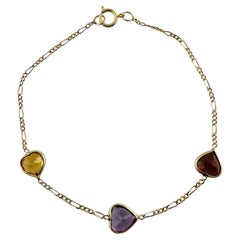 Vintage 14K Yellow Gold Garnet, Amethyst, Citrine Heart Bracelet #15687