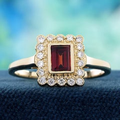 14K Yellow Gold Garnet and Diamond Vintage Style Square Shape Ring