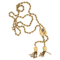 Halskette aus 14 Karat Gelbgold mit Granat und Perle Lariat Kette
