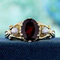 14K Yellow Gold Garnet and Pearl Vintage Style Three Stone Ring