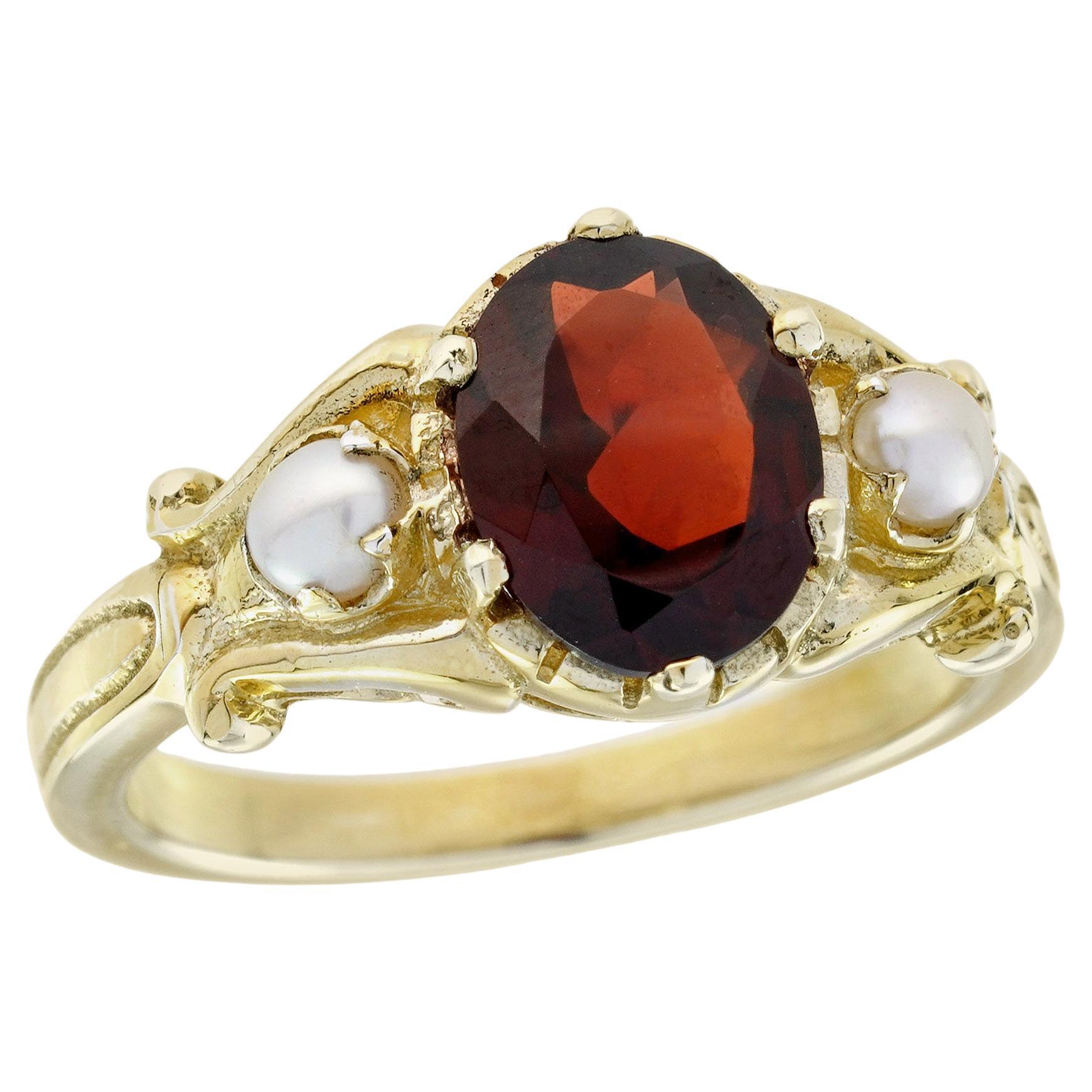 14K Yellow Gold Garnet and Pearl Vintage Style Three Stone Ring