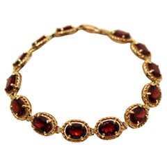 14k Yellow Gold Garnet Chiclet Link Bracelet circa 1980s