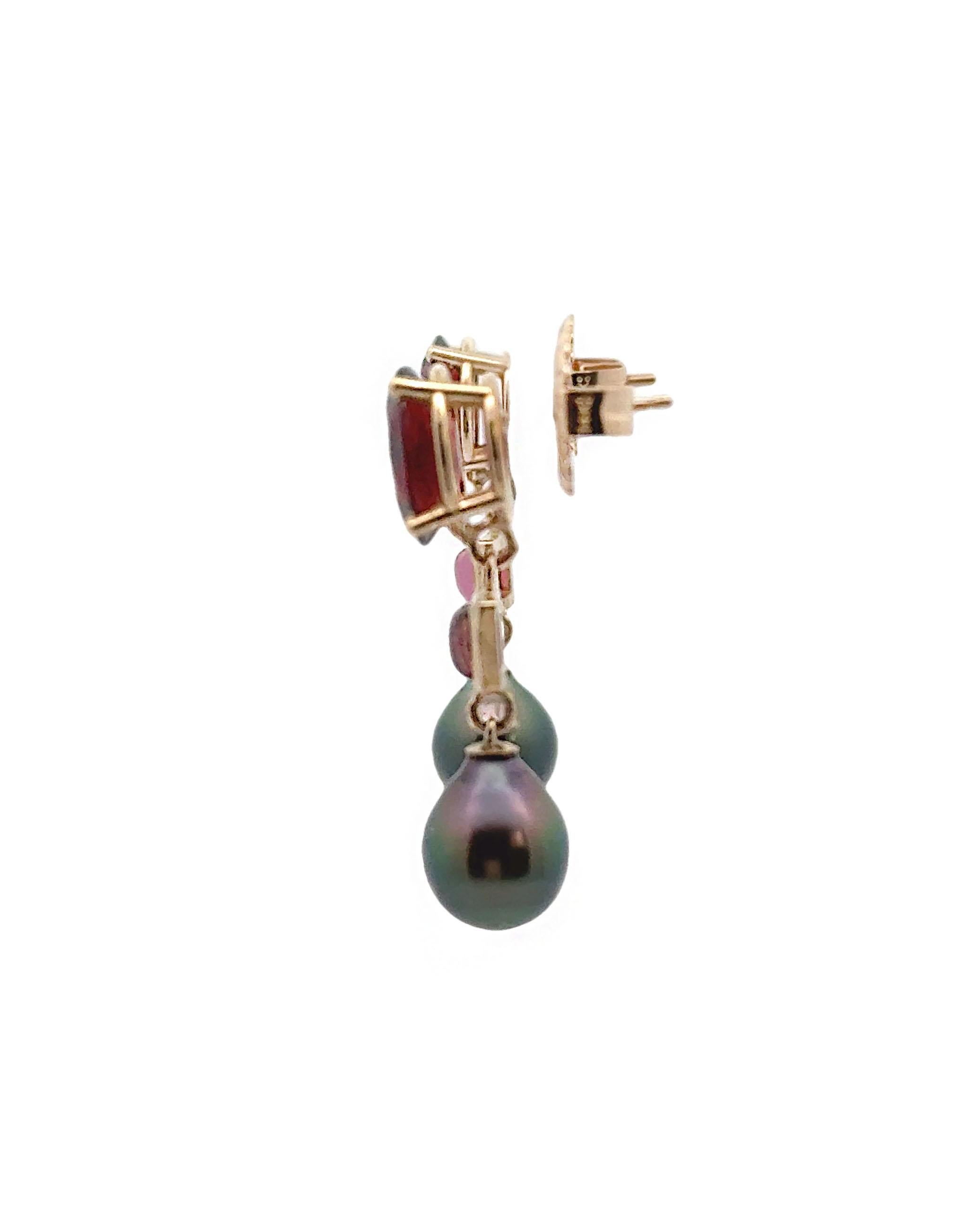 Contemporary 14K Yellow Gold Garnet, Pink Tourmaline and Black Pearl Earrings For Sale