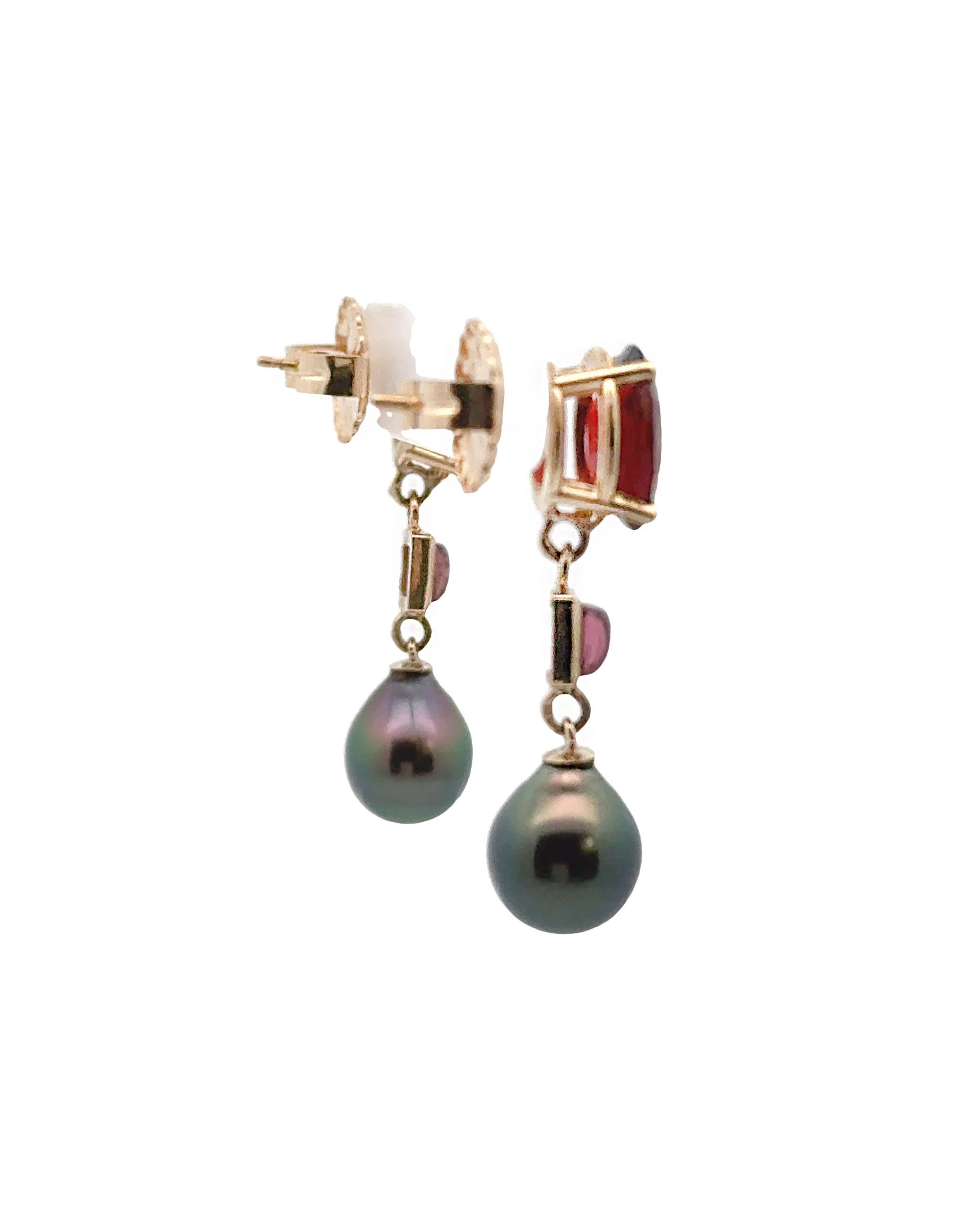 Oval Cut 14K Yellow Gold Garnet, Pink Tourmaline and Black Pearl Earrings For Sale