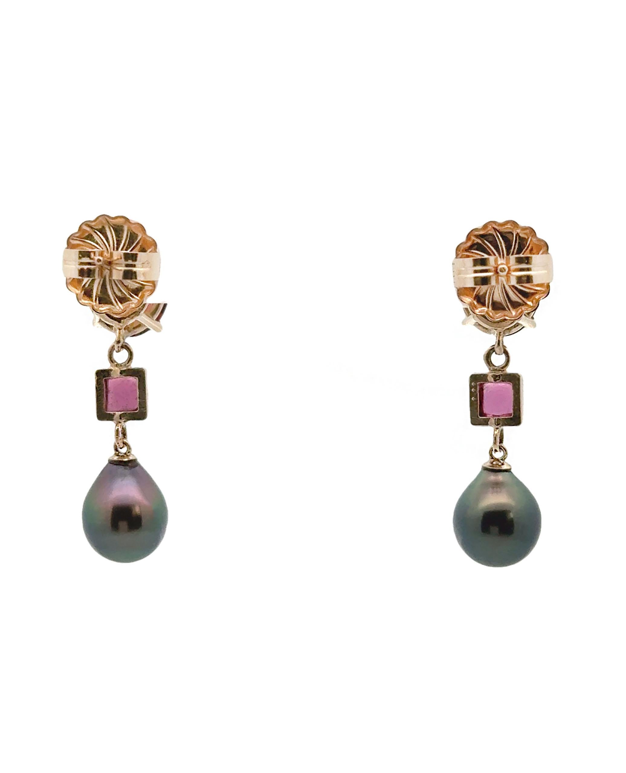 14K Yellow Gold Garnet, Pink Tourmaline and Black Pearl Earrings In New Condition For Sale In Old Tappan, NJ