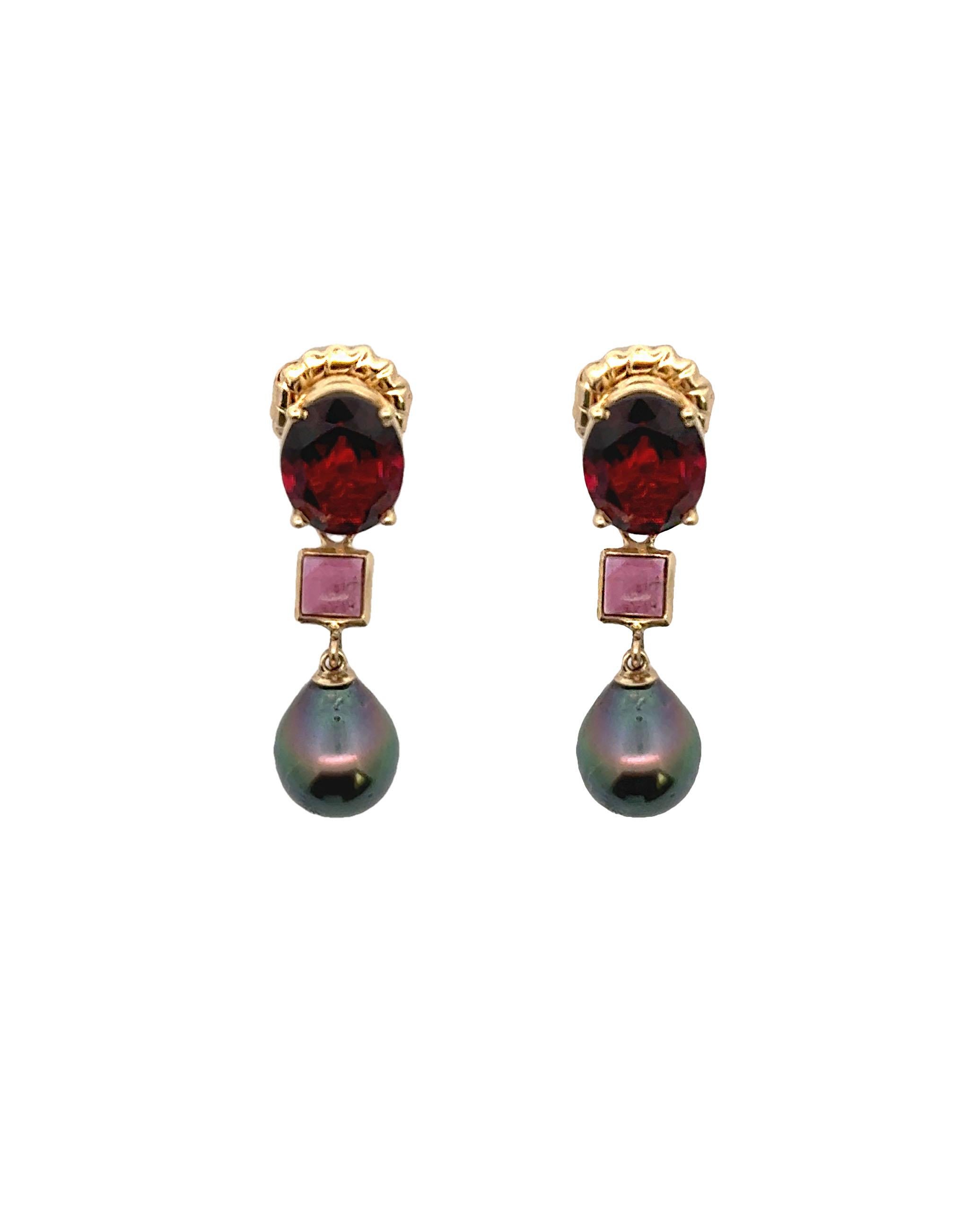 Women's 14K Yellow Gold Garnet, Pink Tourmaline and Black Pearl Earrings