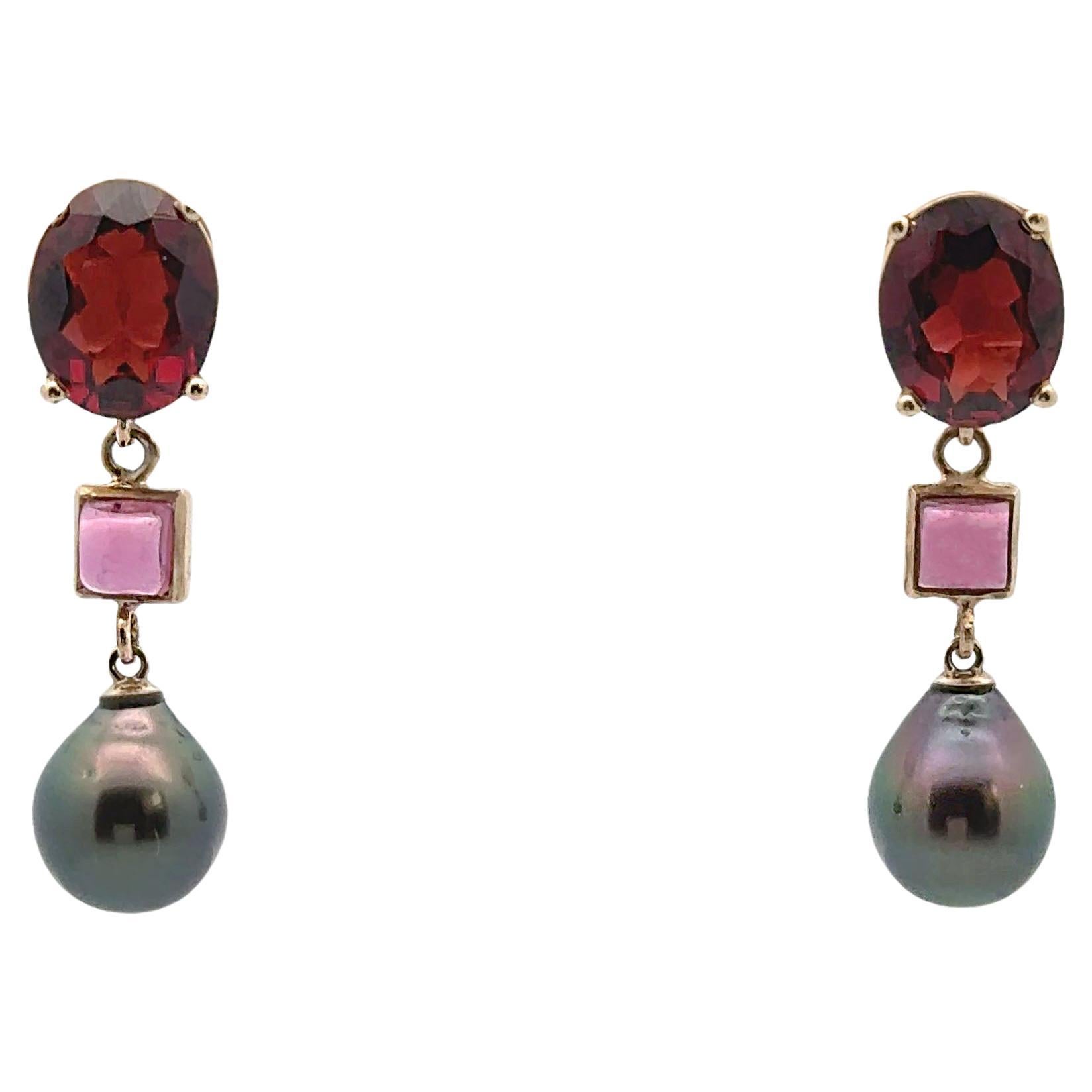 14K Yellow Gold Garnet, Pink Tourmaline and Black Pearl Earrings For Sale