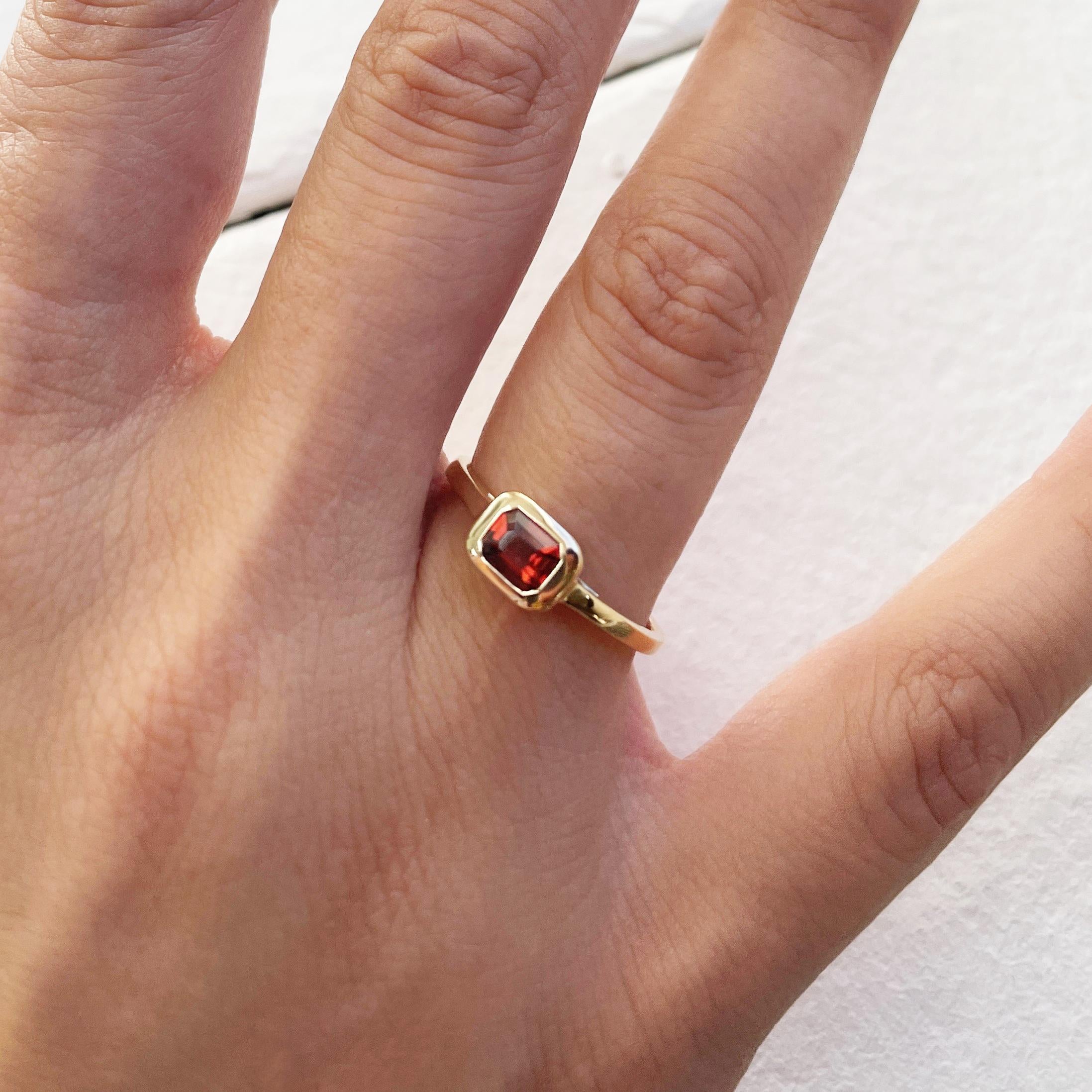 Charming Design - This stackable ring features a 14k gold band, and a emerald cut shaped gorgeous Garnet approximately 0.50cts, available in  white, yellow and rose gold
 Measurements for ring size: The finger Size of this sapphire ring is 6.5 and