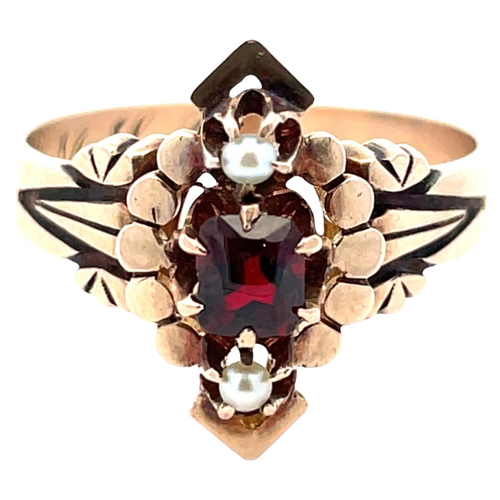 Bague Vintage en or jaune 14K, grenat et perles de rocaille, taille 7, unisexe