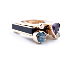 14 Karat Yellow Gold Garnet, Zircon, Diamond and Onyx Geometric Ring
