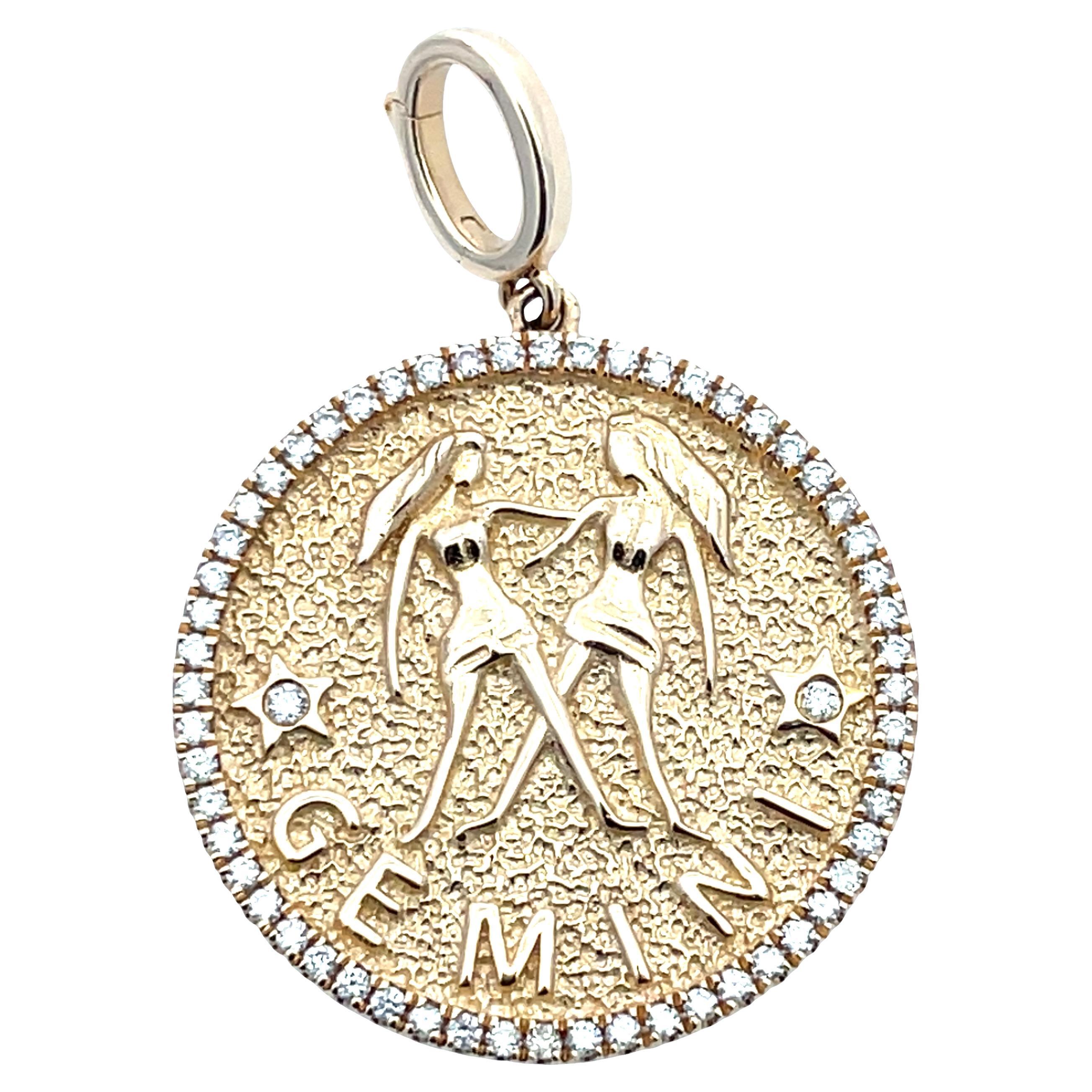 Charm/pendente con diamante in oro giallo 14K Gemini Zodiac