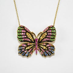 14K Yellow Gold Gemstone Butterfly Necklace 10.6g