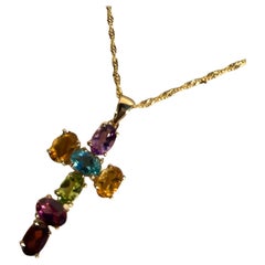 14k Yellow Gold Gemstone Cross Necklace