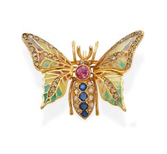 14k Yellow Gold Gemstone Enamel Plique-A-Jour En Tremblant Moth Brooch