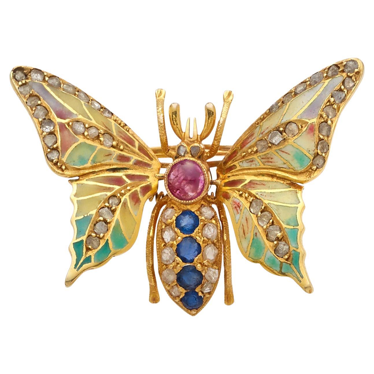 Broche de oro amarillo de 14 quilates con piedras preciosas y esmalte Plique-A-Jour En Tremblant Polilla