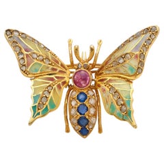 Broche de oro amarillo de 14 quilates con piedras preciosas y esmalte Plique-A-Jour En Tremblant Polilla