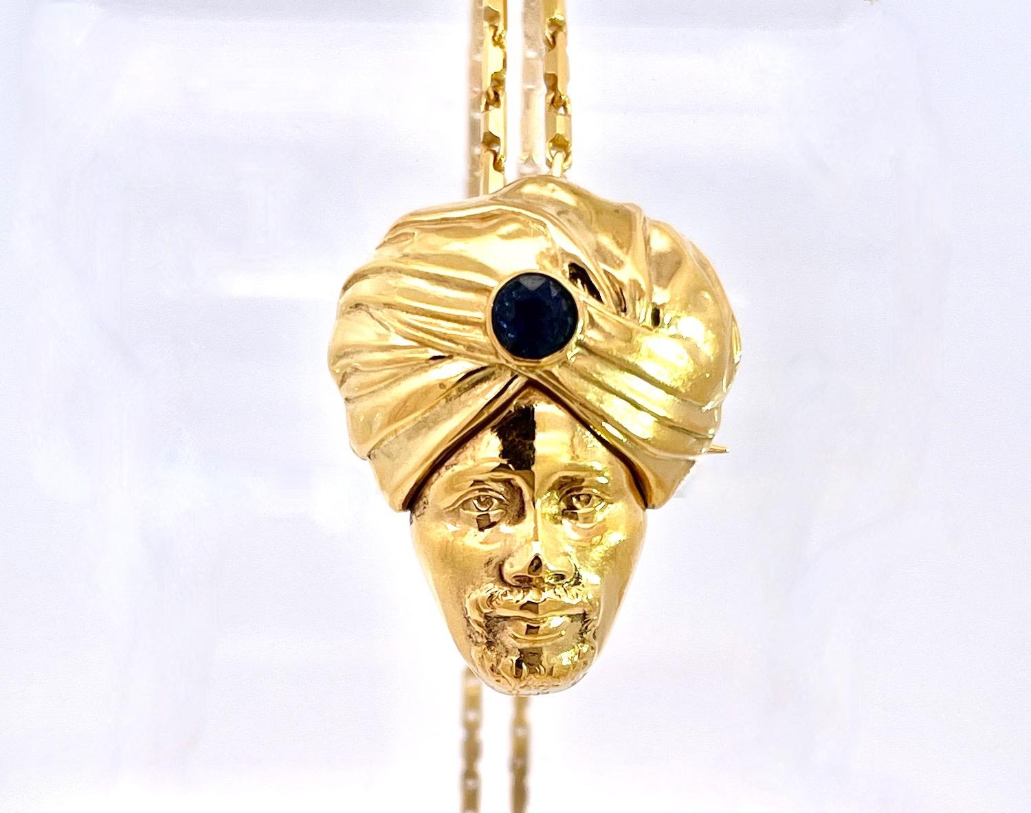 Turbante in oro giallo 14K con zaffiri e genietto in vendita 3