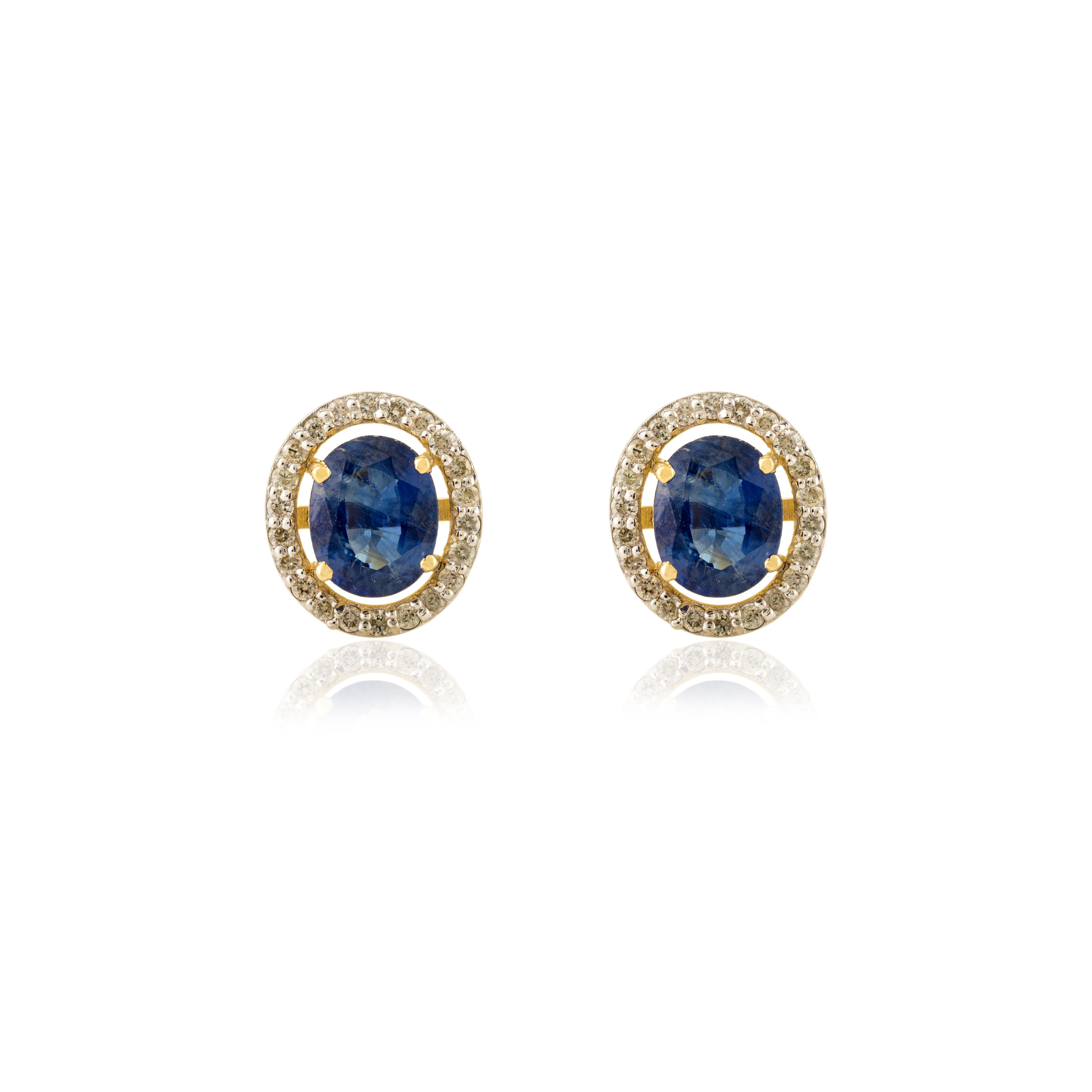 Art Deco 14k Yellow Gold Genuine Blue Sapphire Halo Diamond Stud Earrings for Her For Sale