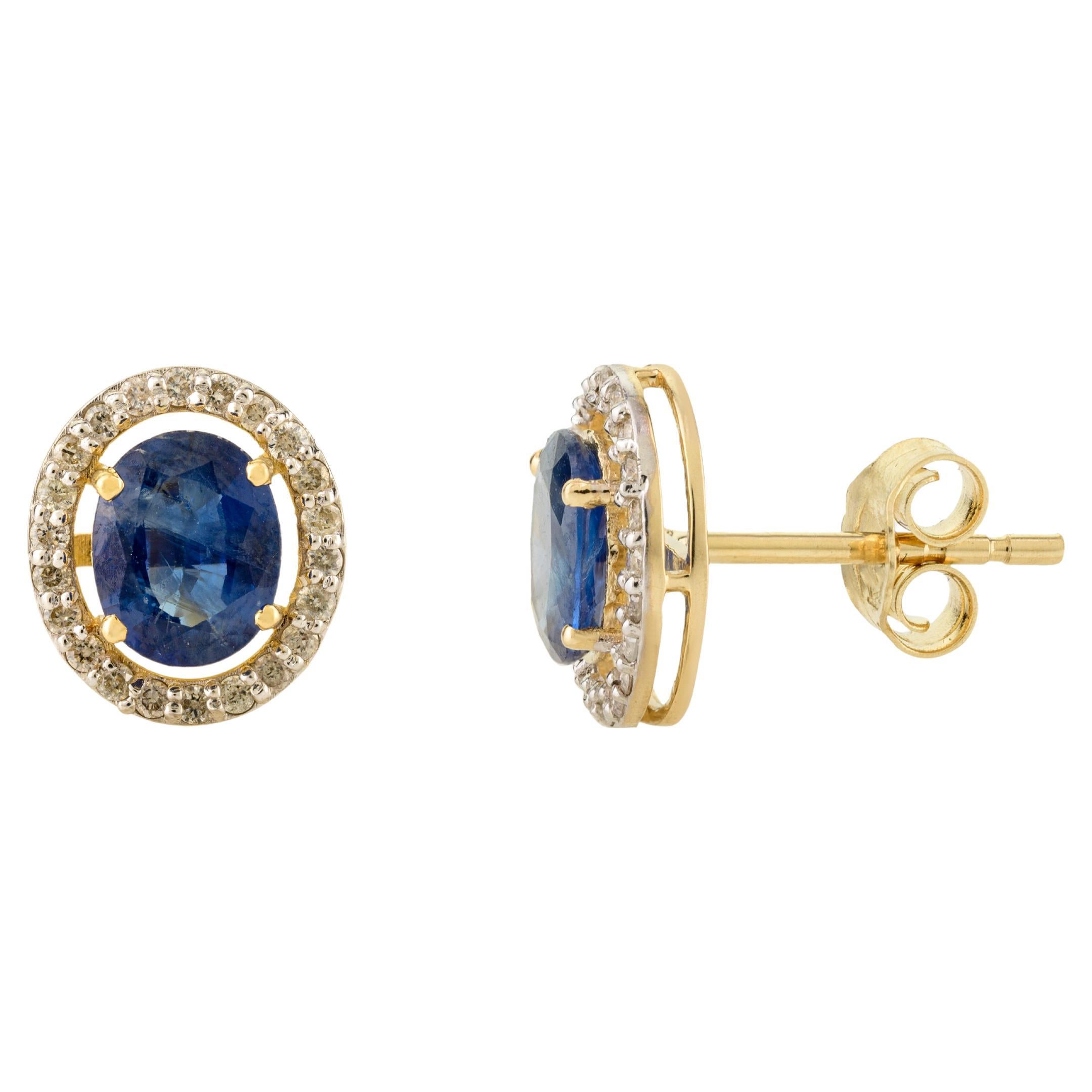 14k Yellow Gold Genuine Blue Sapphire Halo Diamond Stud Earrings for Her For Sale
