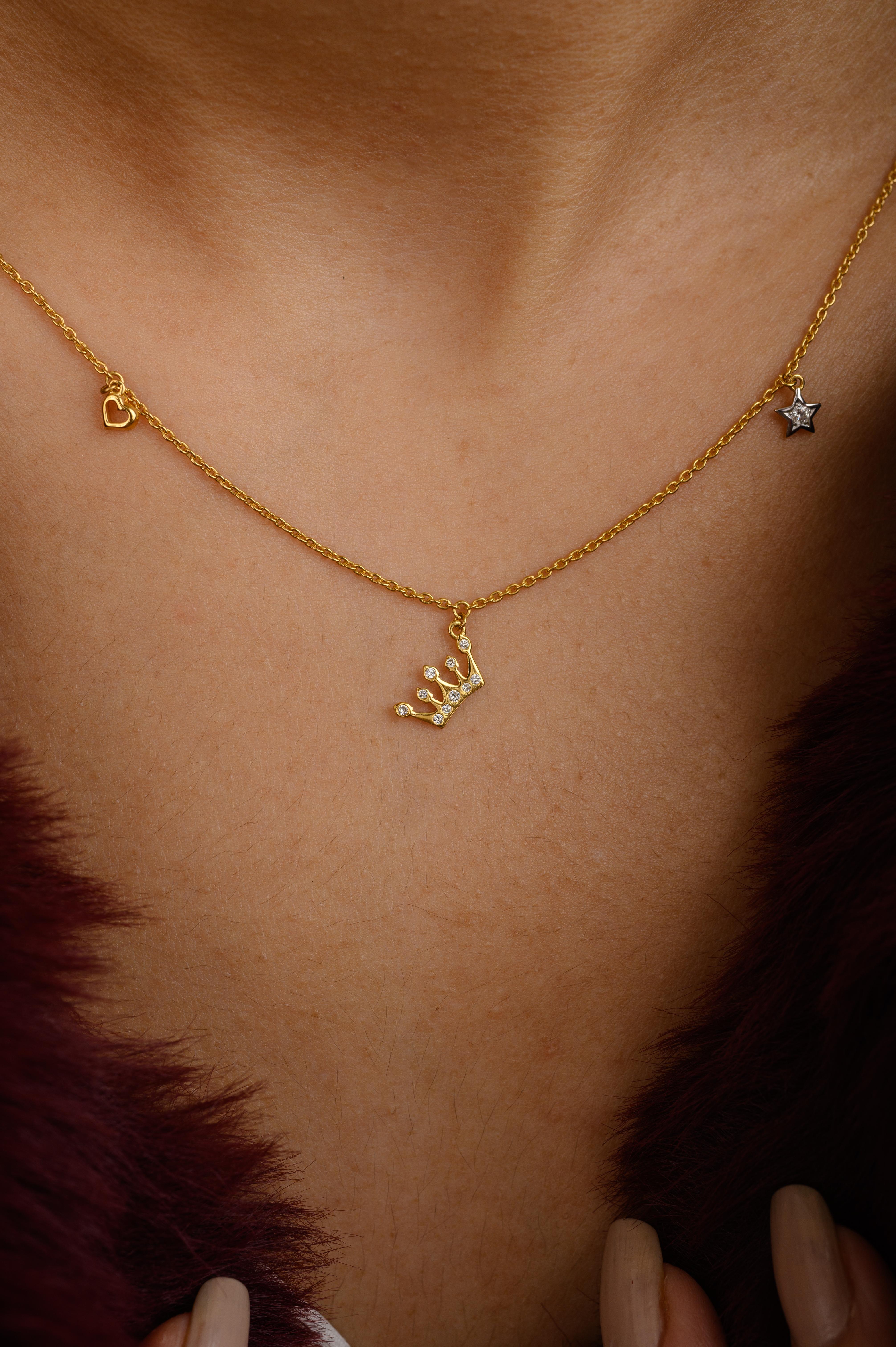 Halskette aus 14 Karat Gelbgold mit echtem Diamanten in Kronenschliff für sie (Rundschliff) im Angebot