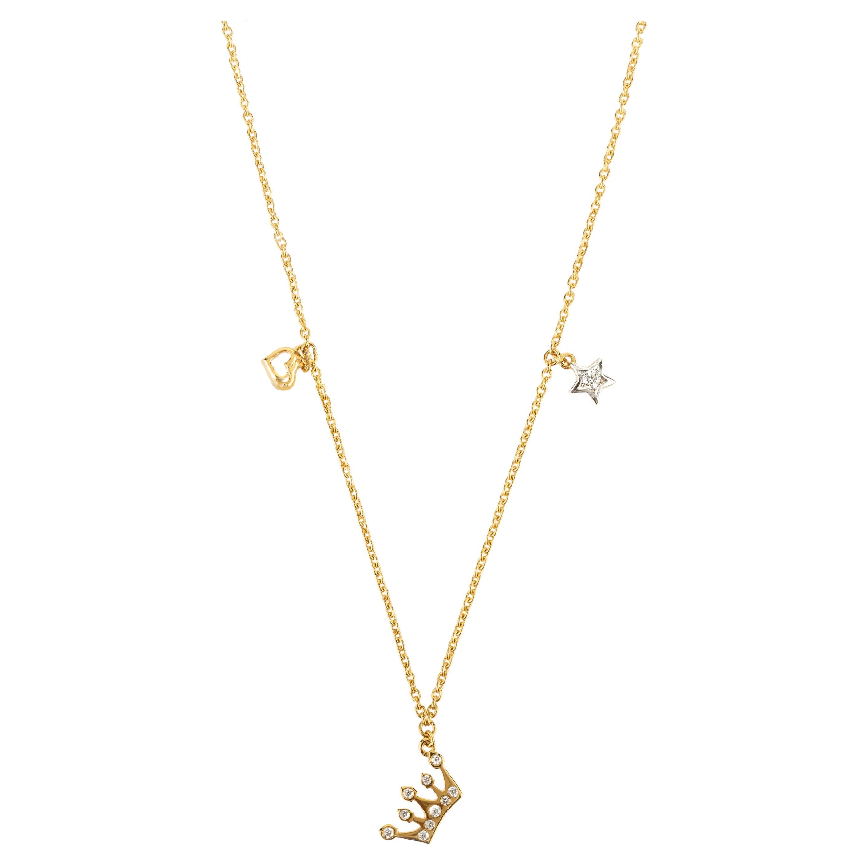 14k Yellow Gold Genuine Diamond Crown Chain Necklace for Her For Sale