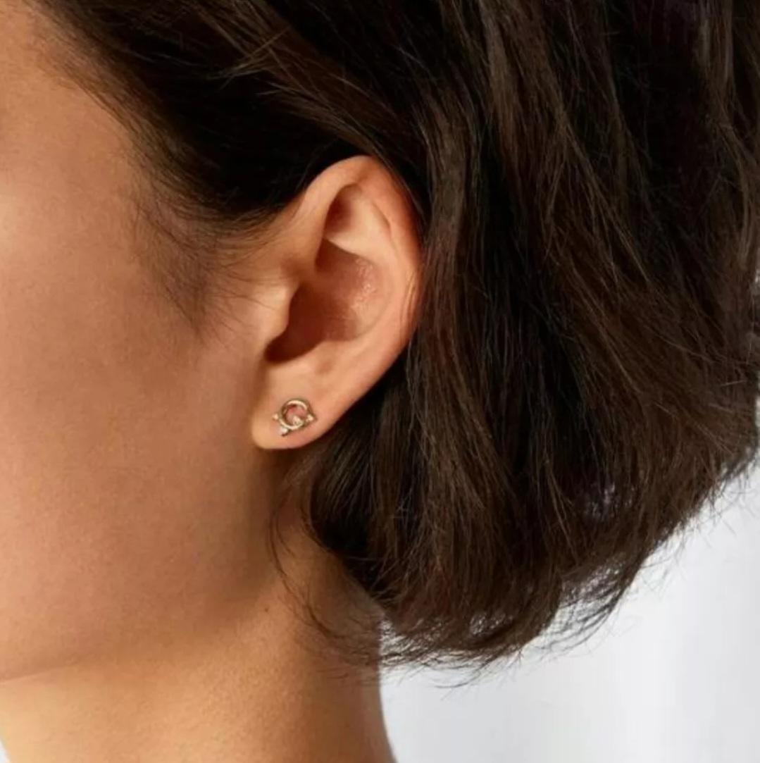 14K Gelbgold Echte Diamanten Offener Kreis Ohrringe Zierlich Alltäglicher Schmuck (Art déco) im Angebot