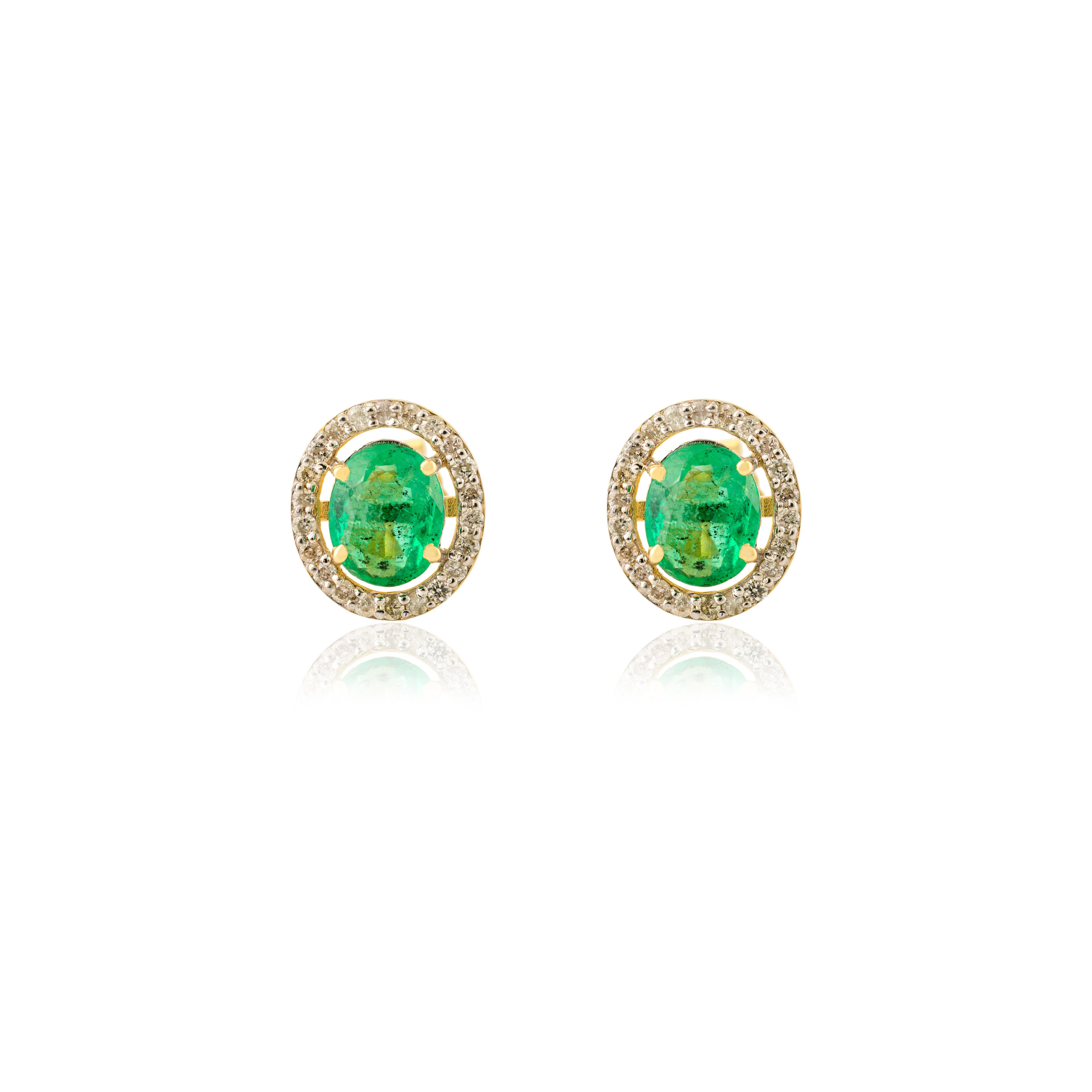 Modern 14k Yellow Gold Genuine Emerald Diamond Halo Stud Earrings Gift for Her For Sale
