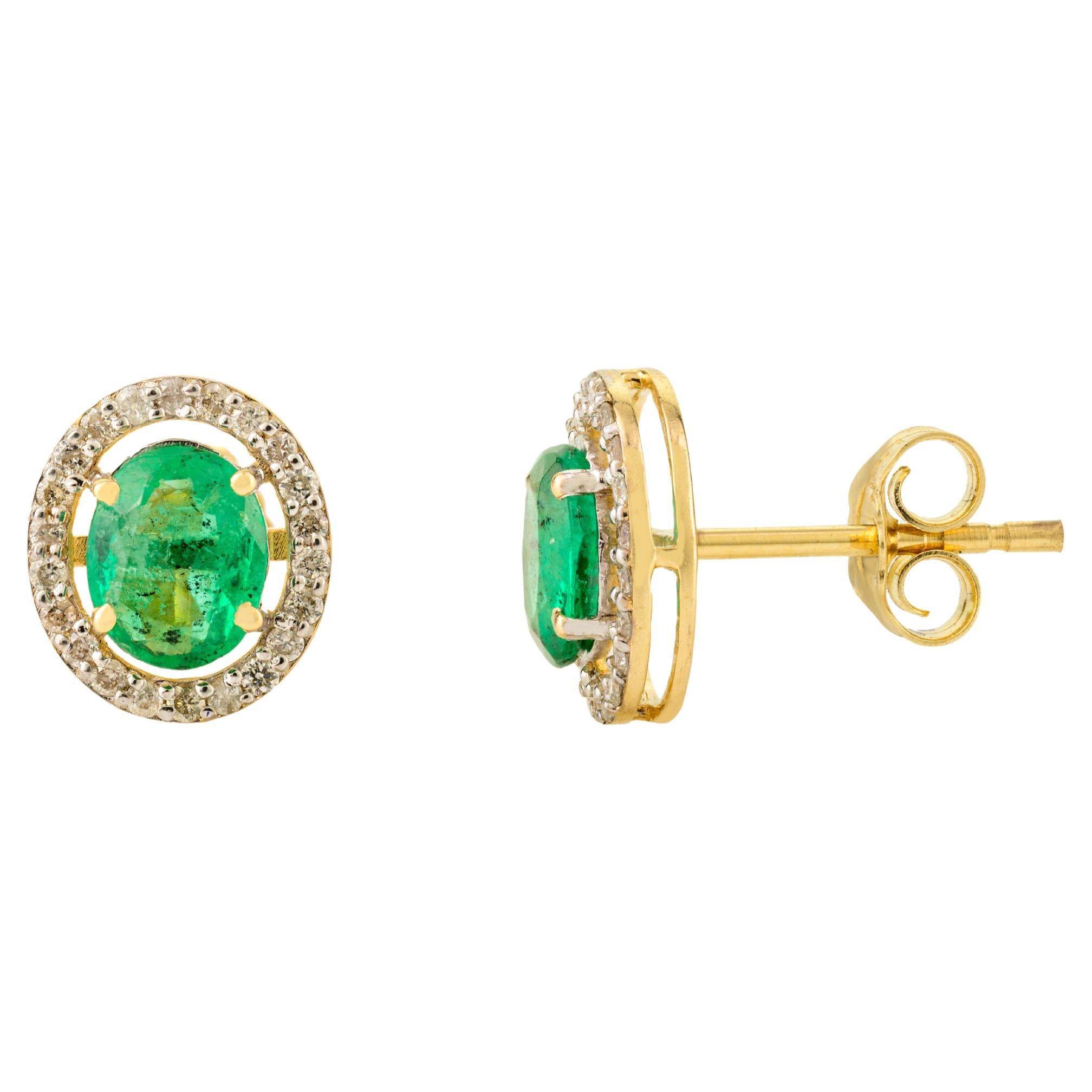 14k Yellow Gold Genuine Emerald Diamond Halo Stud Earrings Gift for Her For Sale