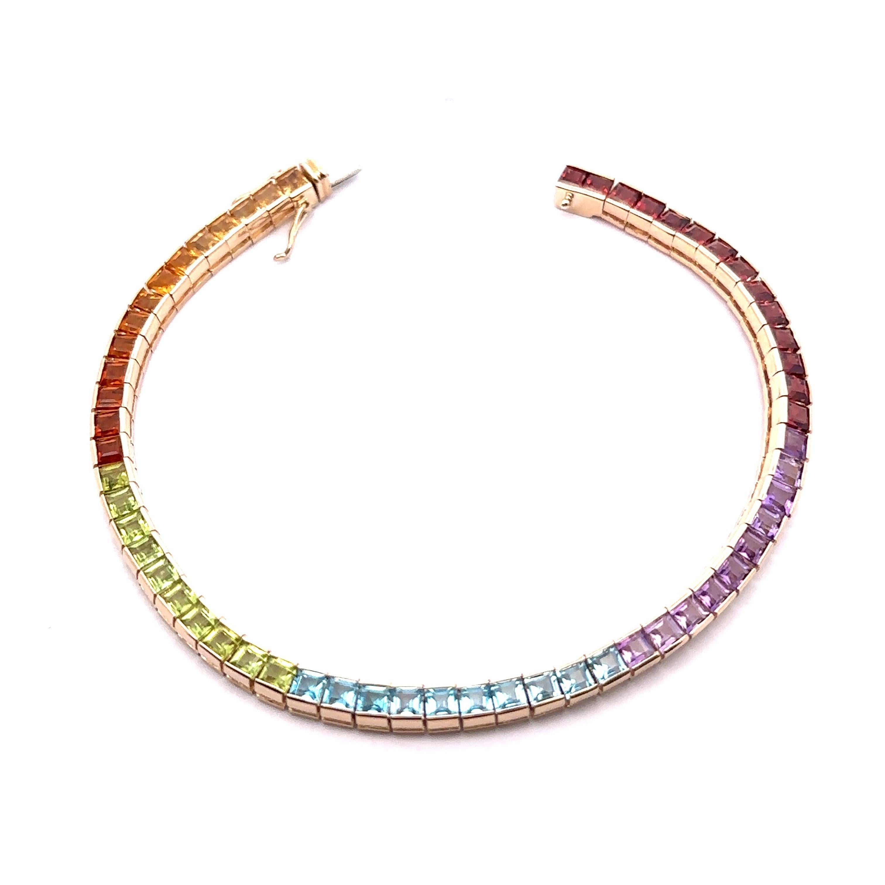 14k Yellow Gold Genuine Gradient Multicolor Square Step Cut Stones Line Bracelet en vente 2