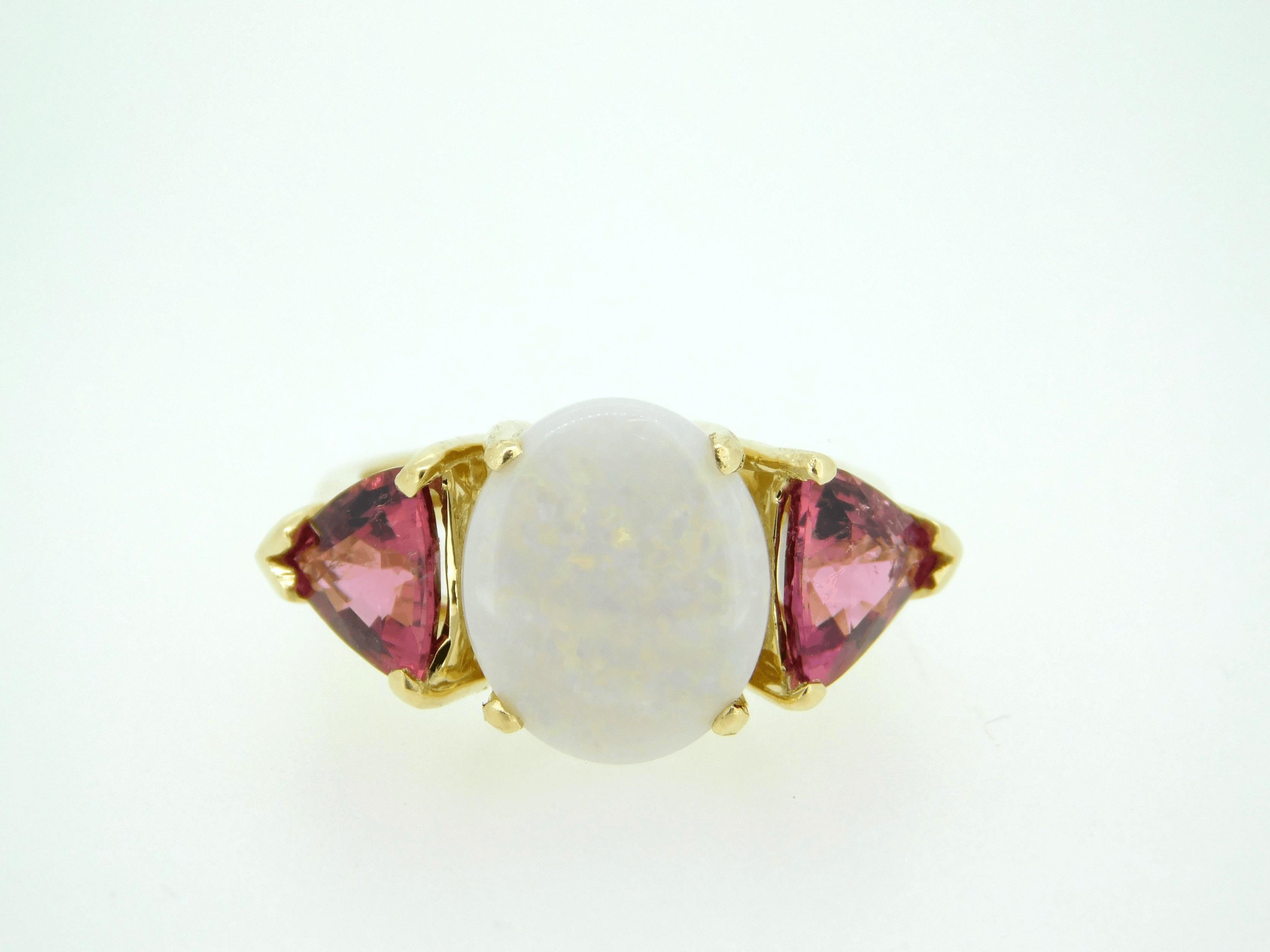 14k Yellow Gold Genuine Natural Opal and Pink Tourmaline Ring '#J4417' 4