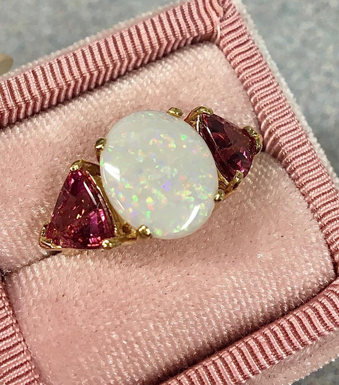 14k Yellow Gold Genuine Natural Opal and Pink Tourmaline Ring '#J4417' 6
