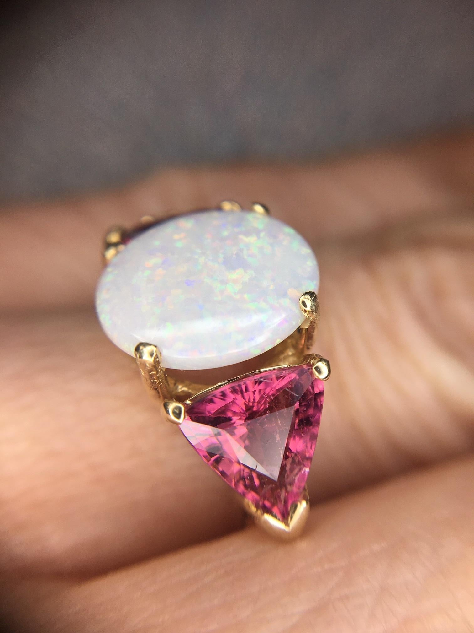 14k Yellow Gold Genuine Natural Opal and Pink Tourmaline Ring '#J4417' 7