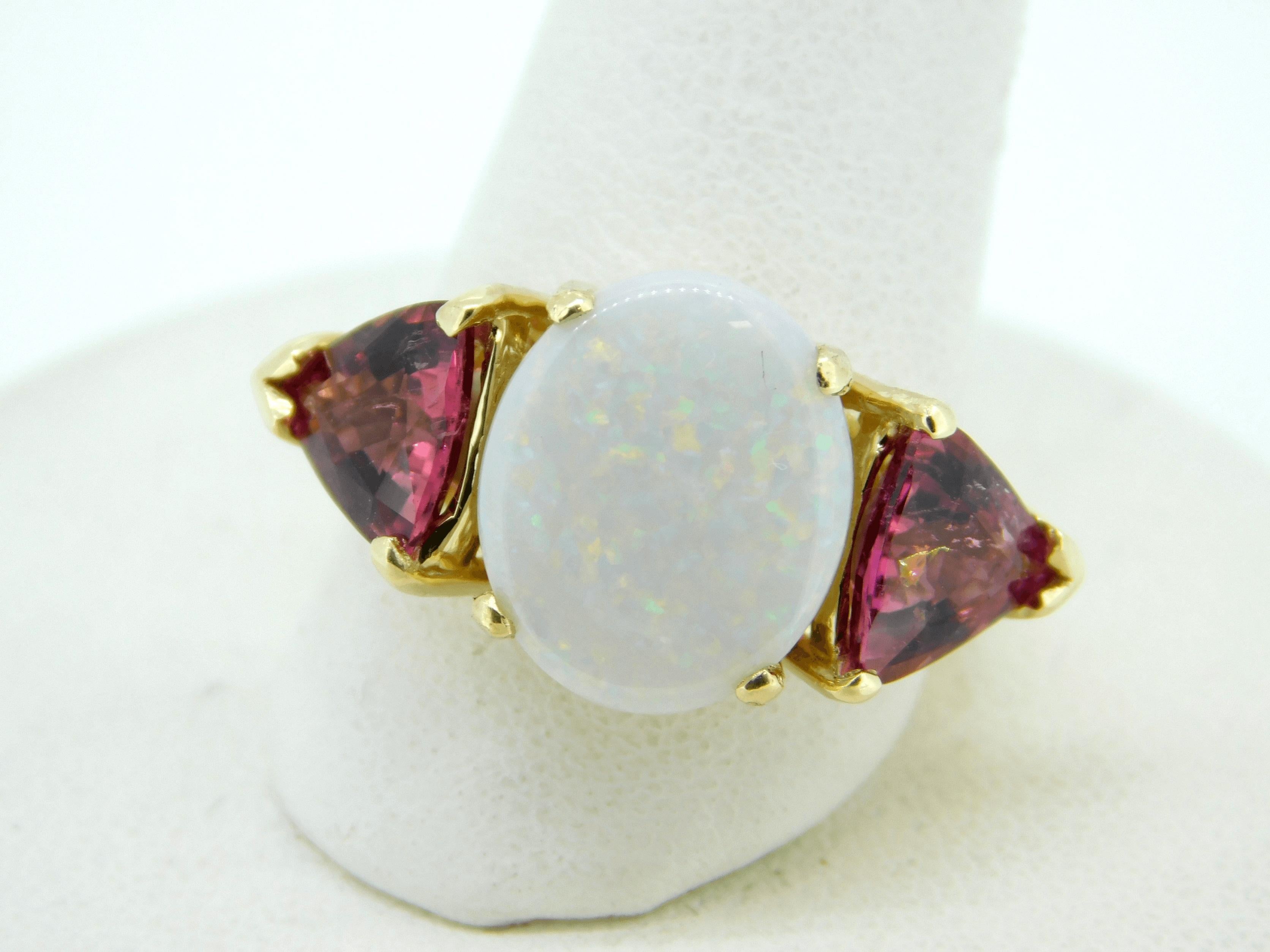 Art Deco 14k Yellow Gold Genuine Natural Opal and Pink Tourmaline Ring '#J4417'