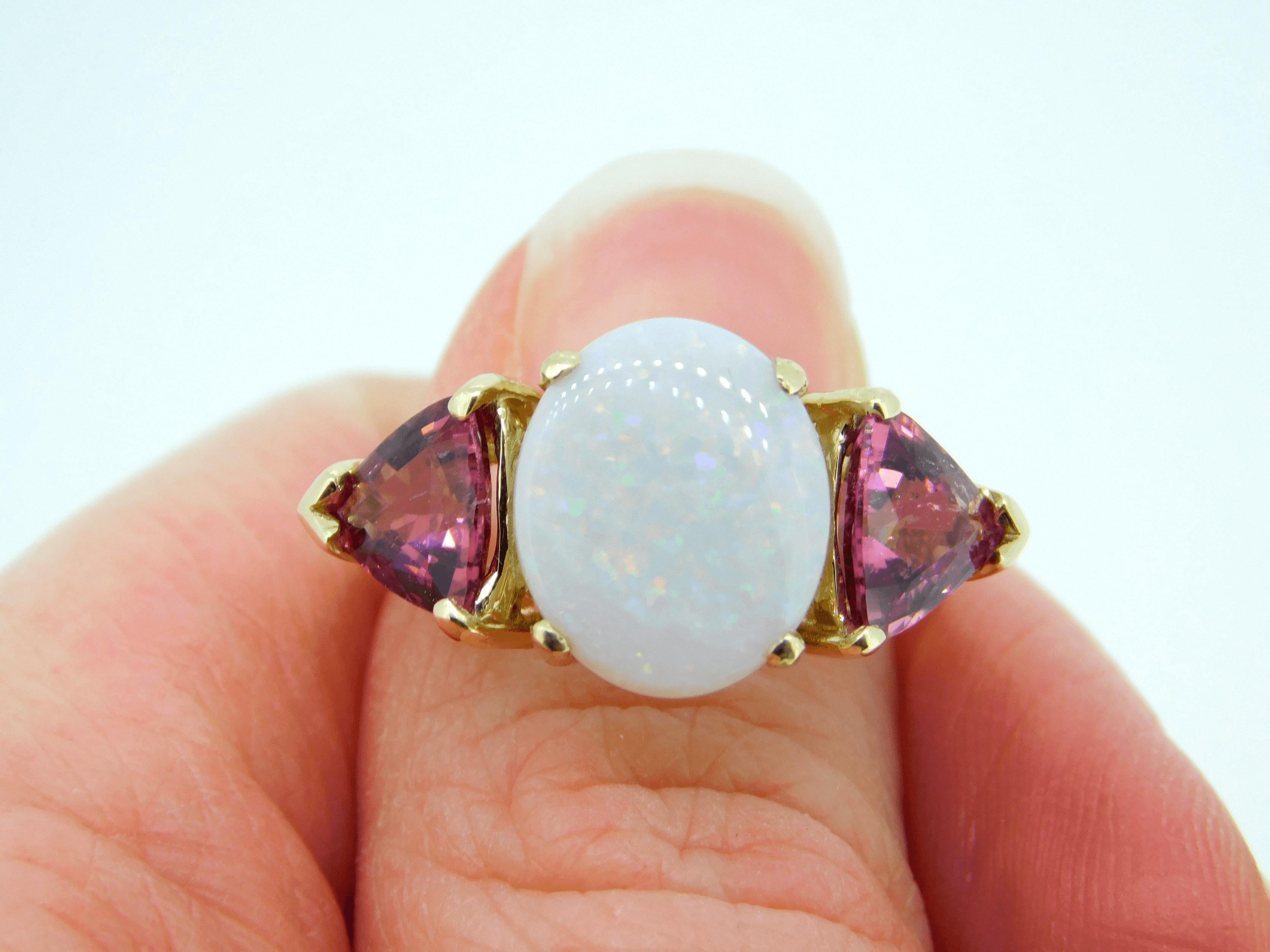 Trillion Cut 14k Yellow Gold Genuine Natural Opal and Pink Tourmaline Ring '#J4417'