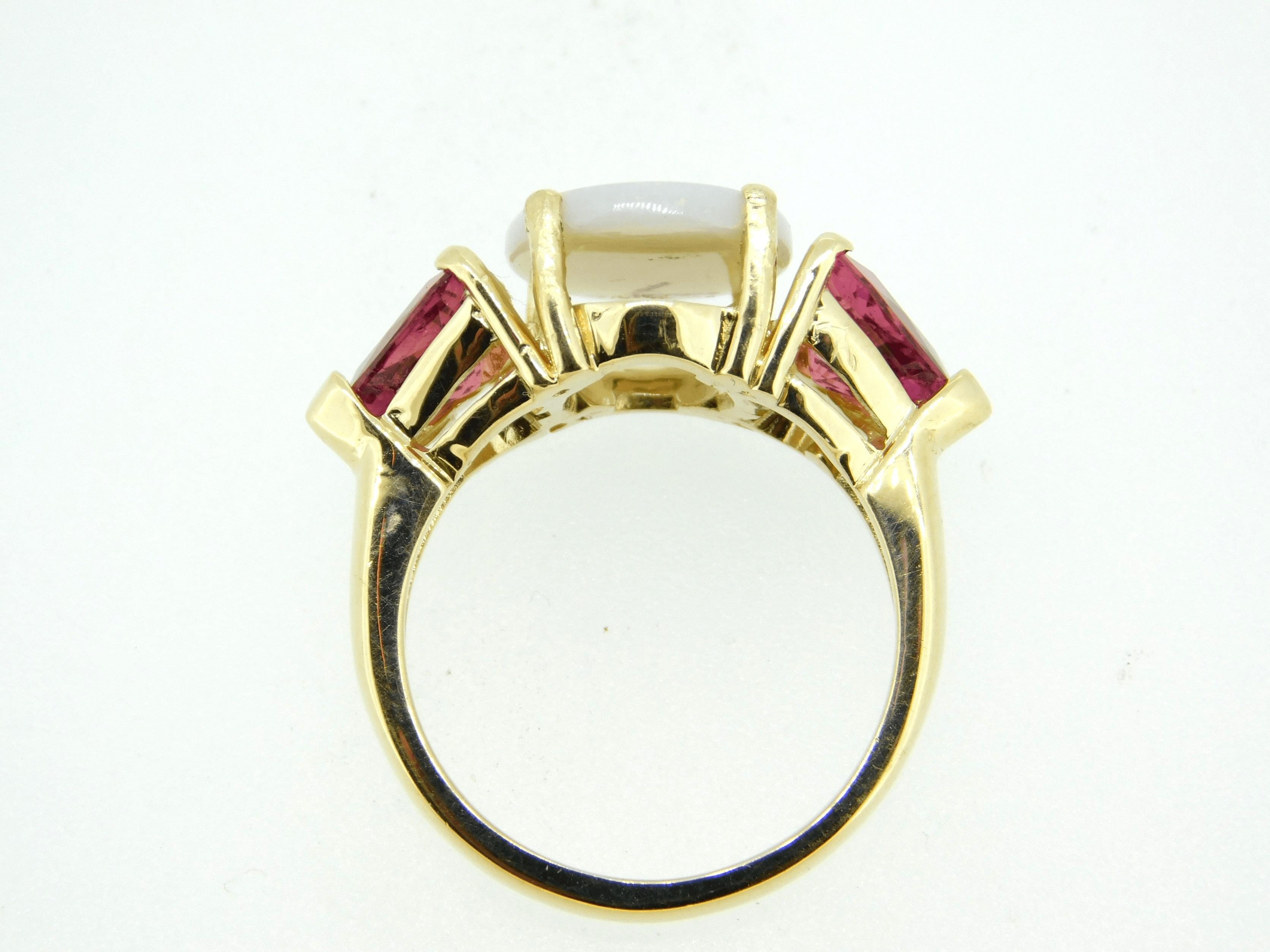 14k Yellow Gold Genuine Natural Opal and Pink Tourmaline Ring '#J4417' In Excellent Condition In Big Bend, WI