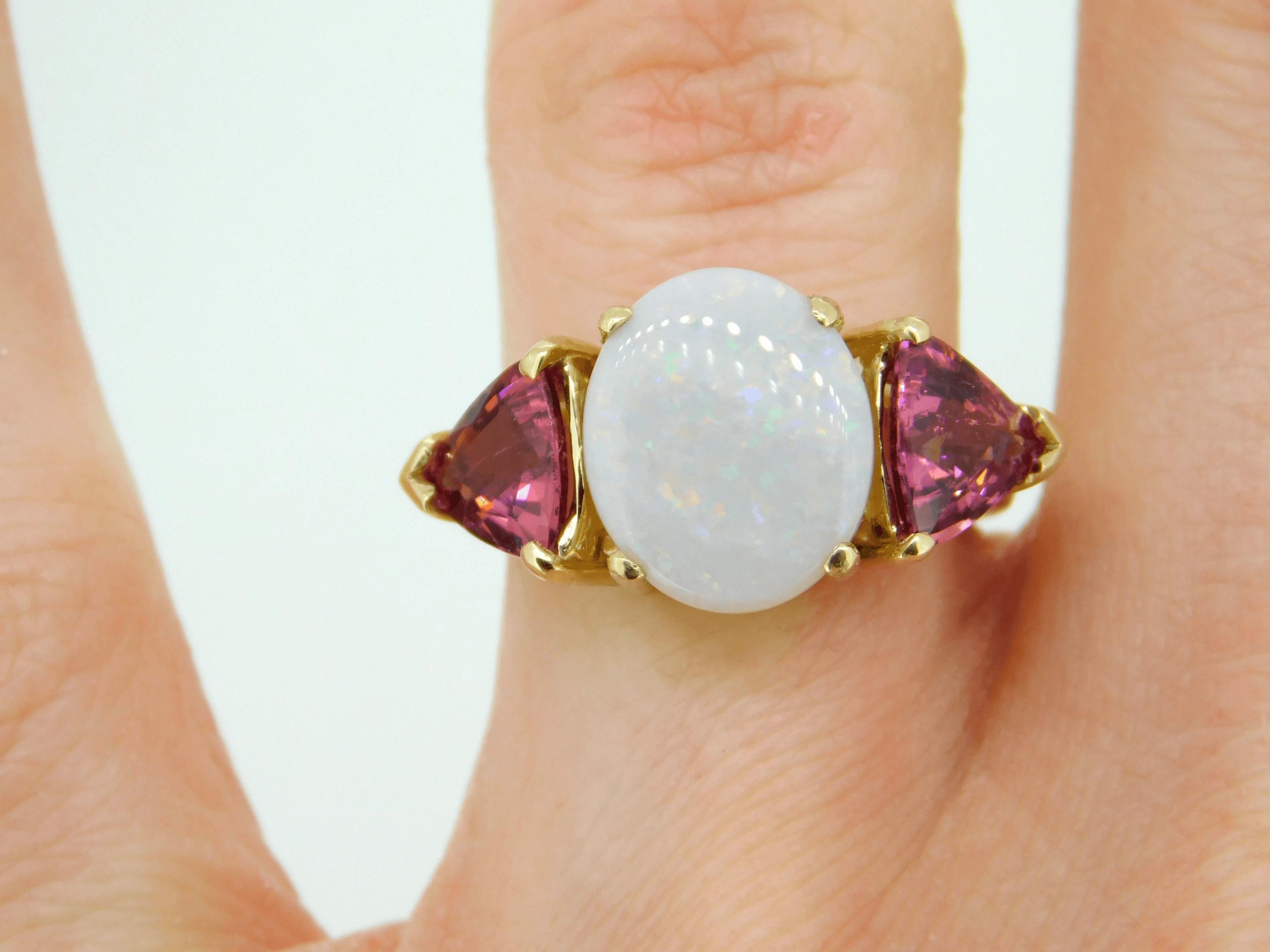 14k Yellow Gold Genuine Natural Opal and Pink Tourmaline Ring '#J4417' 2
