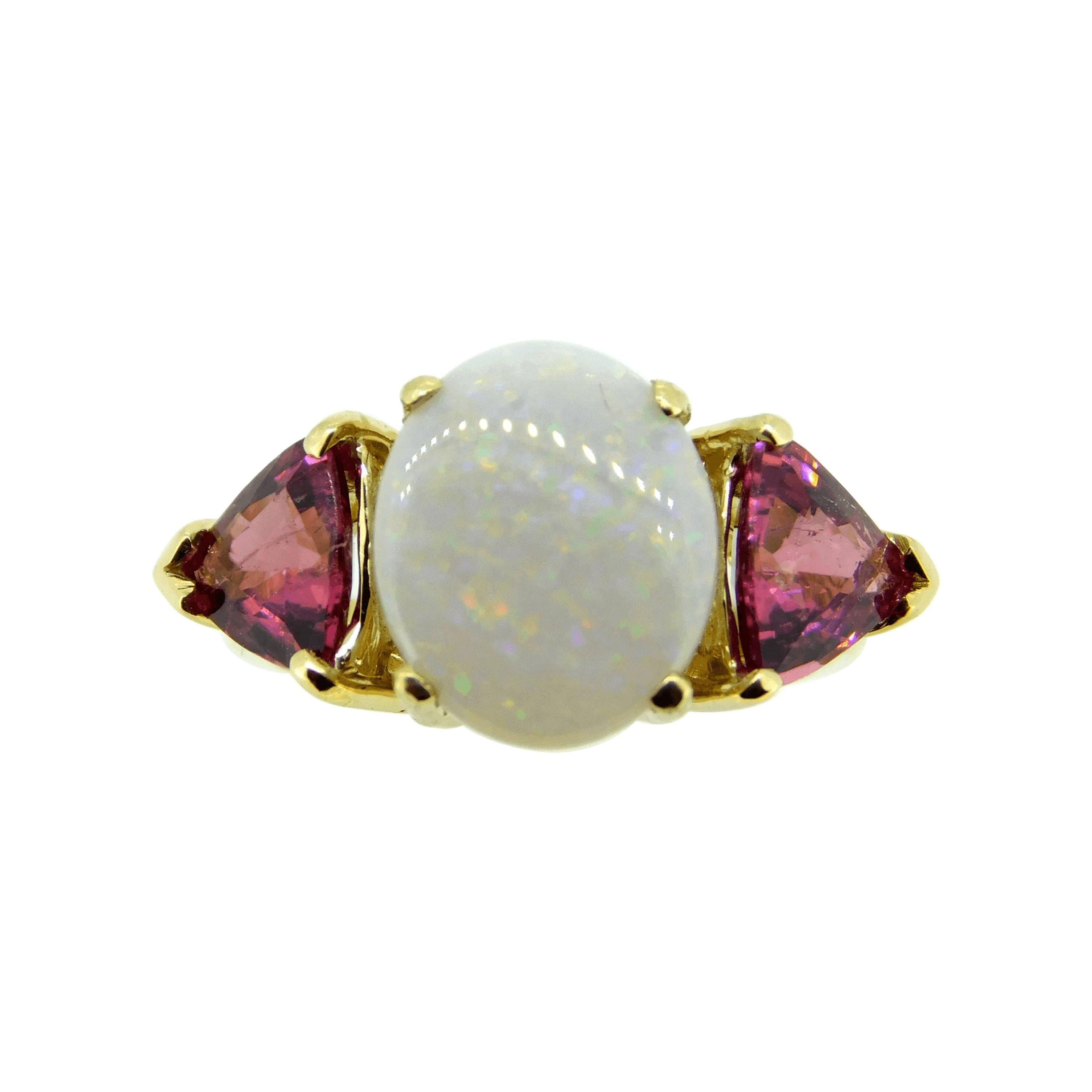 14k Yellow Gold Genuine Natural Opal and Pink Tourmaline Ring '#J4417'