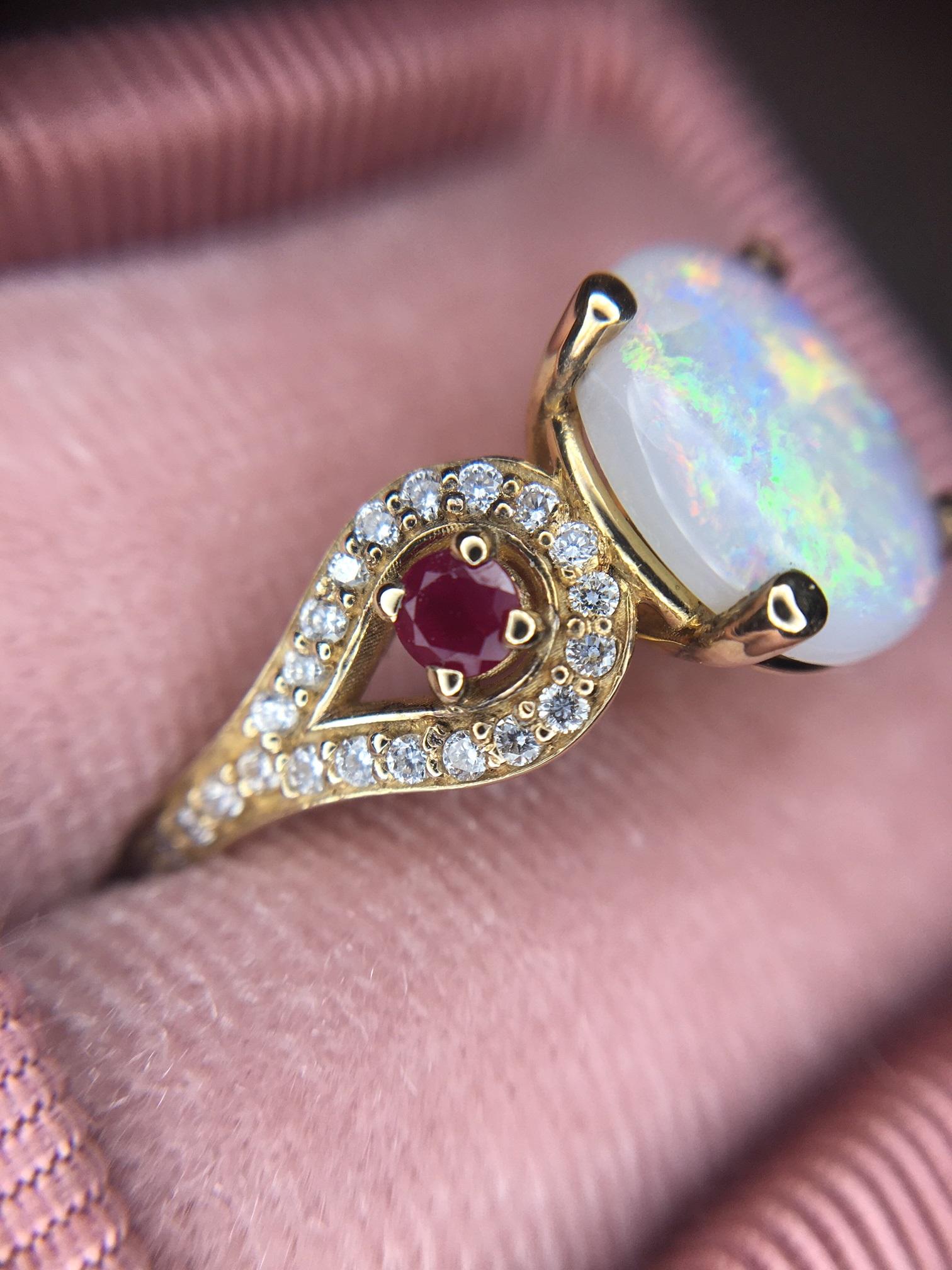 14k Yellow Gold Genuine Natural Opal Ruby and Diamond Ring '#J2650' For Sale 4