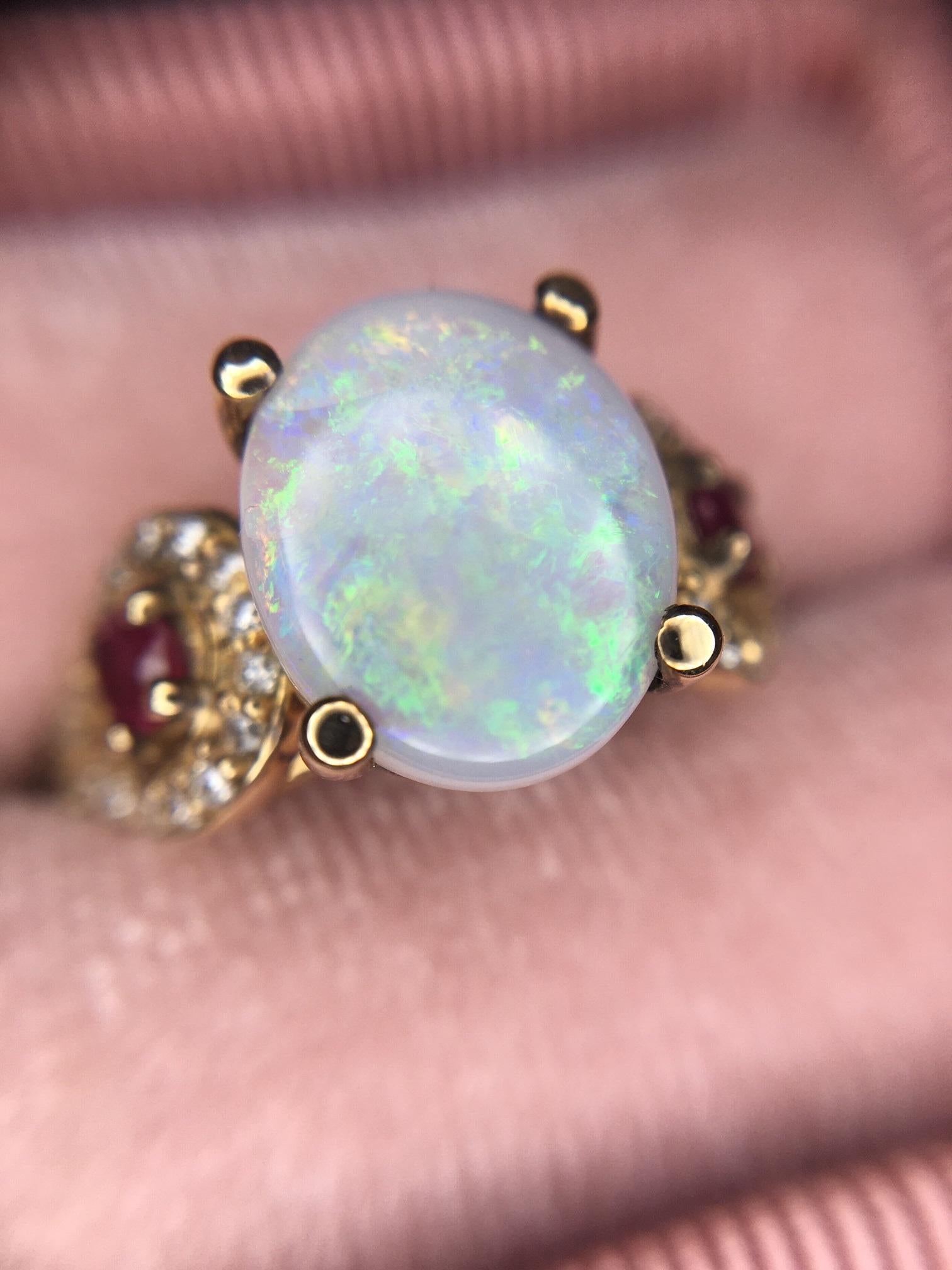 14k Yellow Gold Genuine Natural Opal Ruby and Diamond Ring '#J2650' For Sale 5