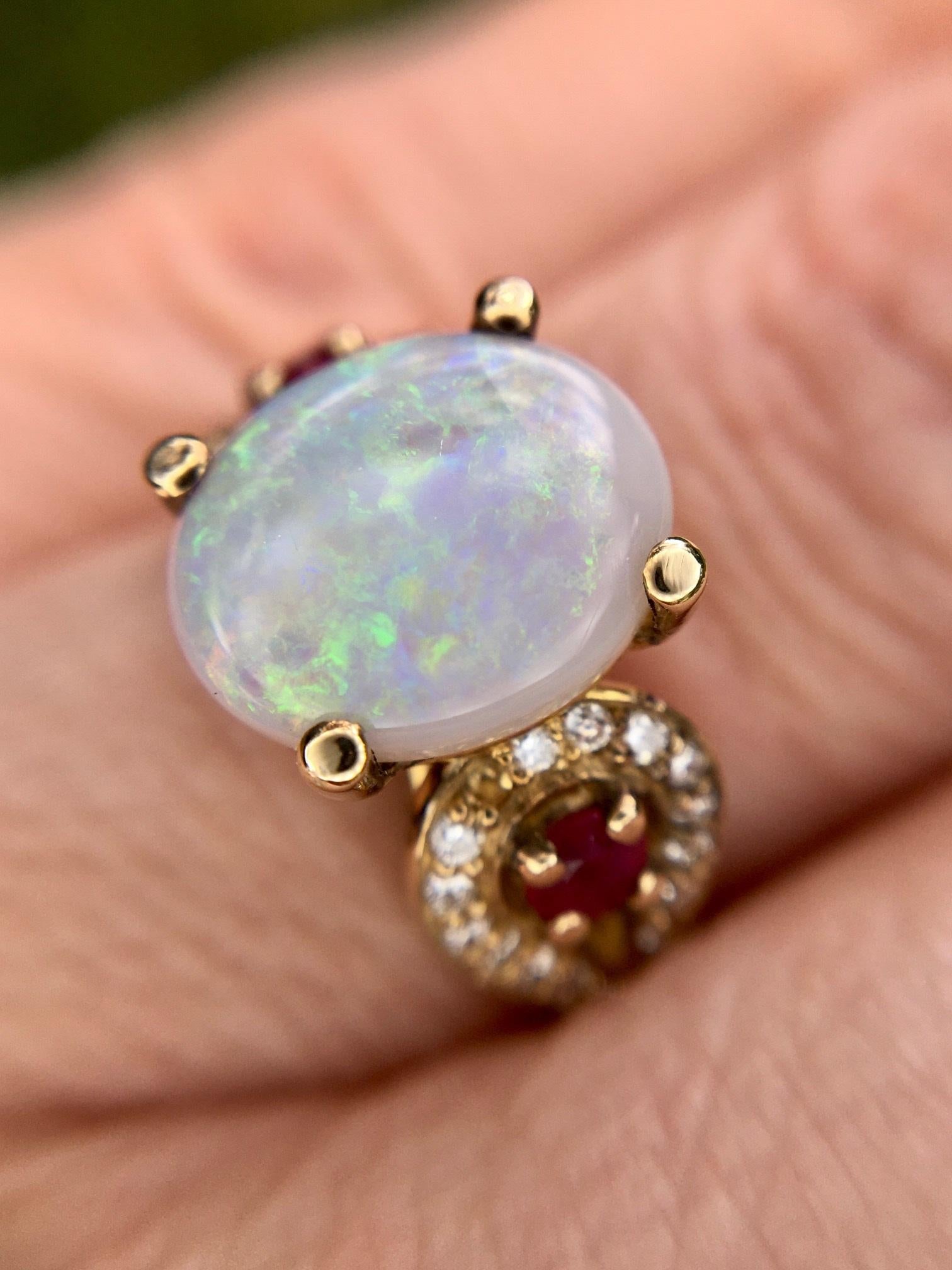 14k Yellow Gold Genuine Natural Opal Ruby and Diamond Ring '#J2650' For Sale 7