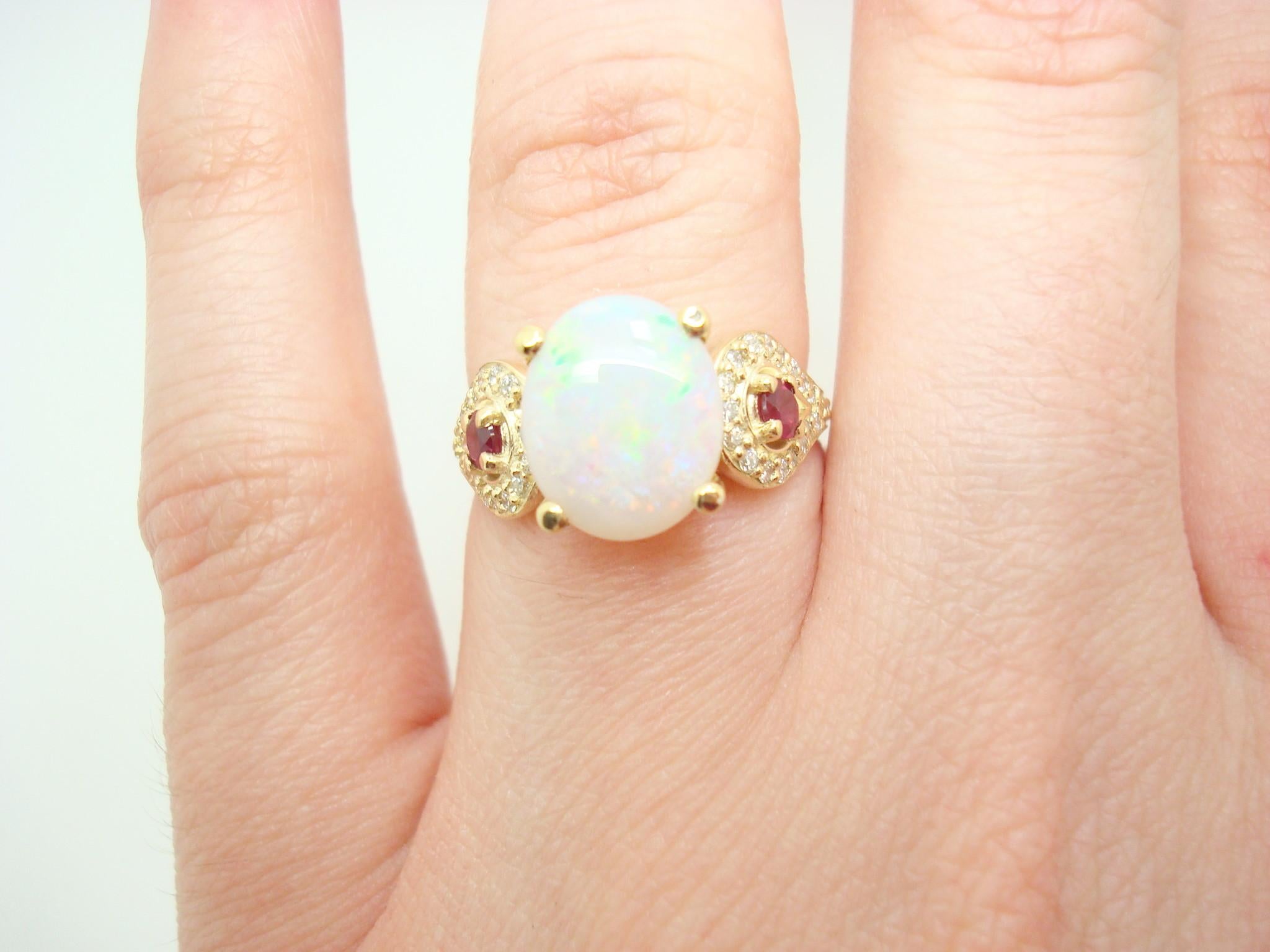 14k Yellow Gold Genuine Natural Opal Ruby and Diamond Ring '#J2650' In Excellent Condition For Sale In Big Bend, WI