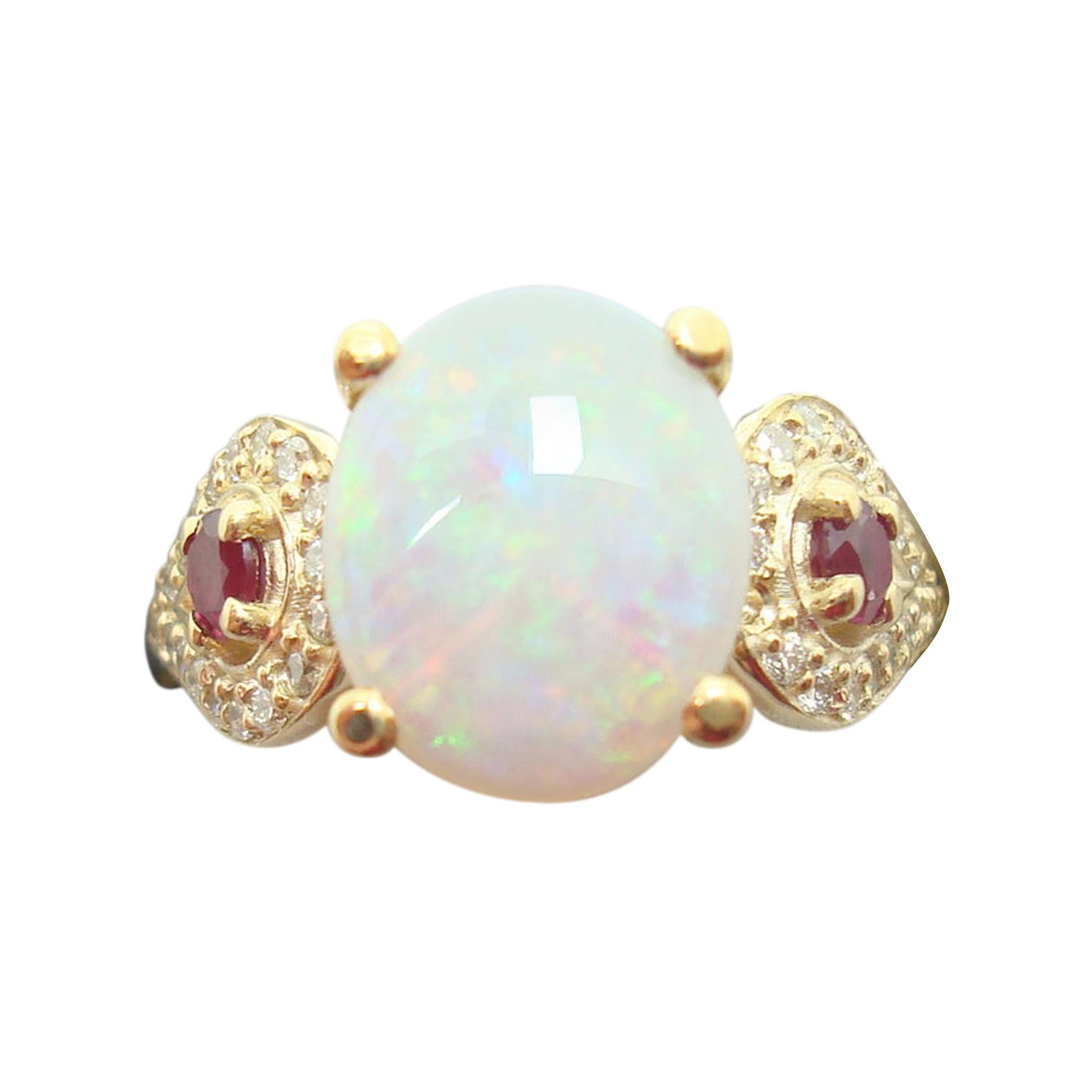 14k Yellow Gold Genuine Natural Opal Ruby and Diamond Ring '#J2650' For Sale