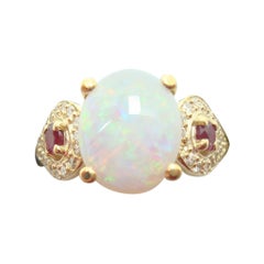 Bague en or jaune 14k avec opale naturelle authentique, rubis et diamants '#J2650'