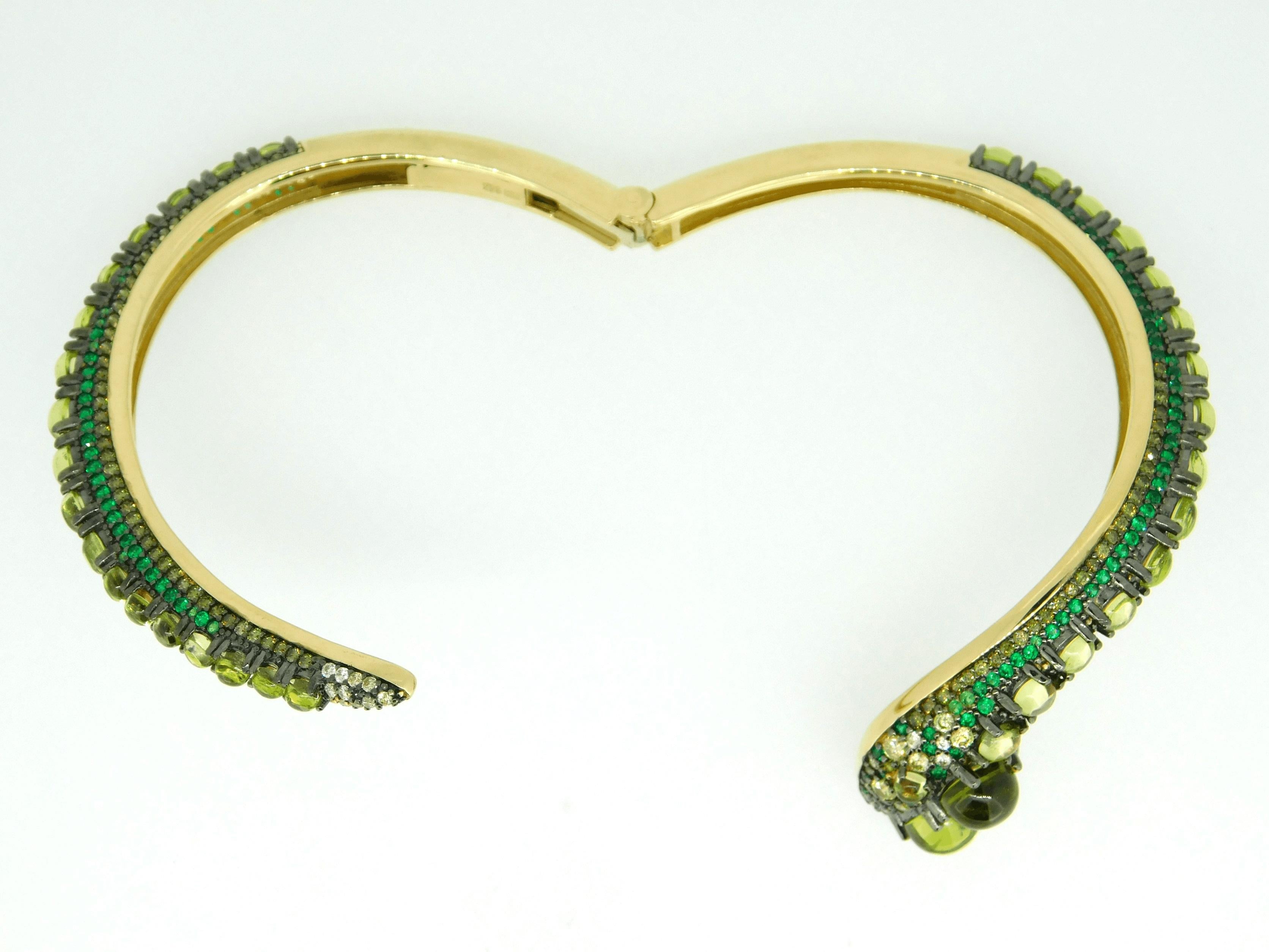 Round Cut 14k Yellow Gold Genuine Natural Peridot Snake Bangle Bracelet '#J4469'