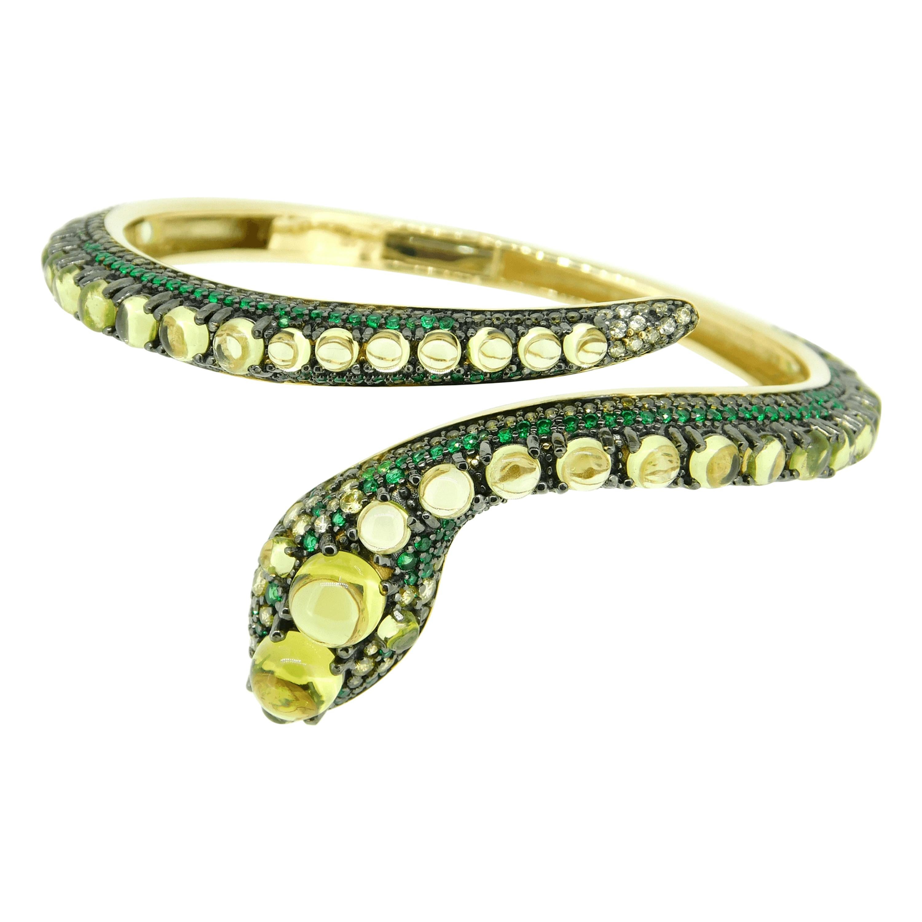 14k Yellow Gold Genuine Natural Peridot Snake Bangle Bracelet '#J4469'