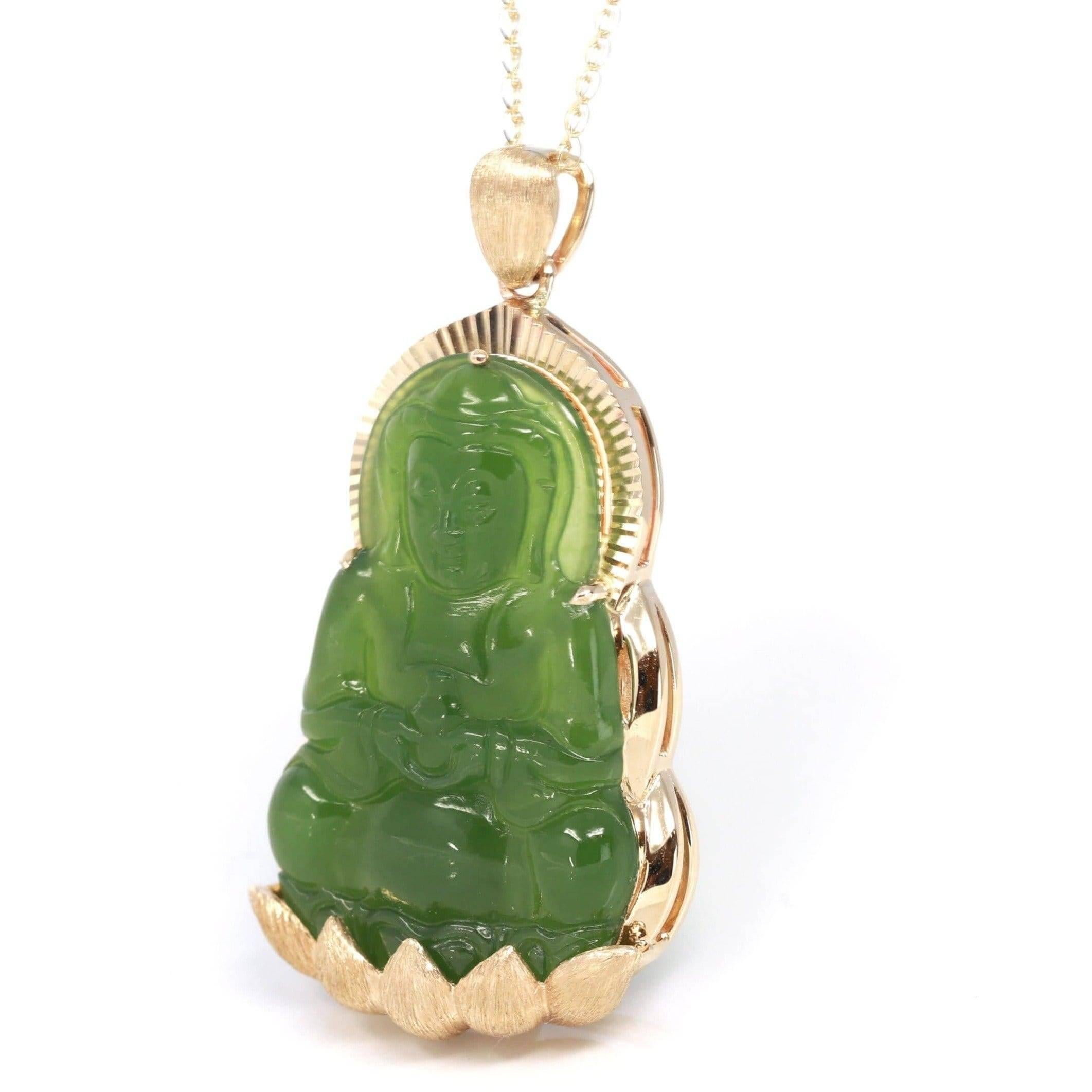 * INTRODUCTION----- 14k Yellow Gold Genuine Nephrite Green Jade Guan Yin Pendant Necklace. The Guan Yin looks so kind and powerful with great hand carving. Every detail and angle are so perfect. It's an expression like bless your all and kind to