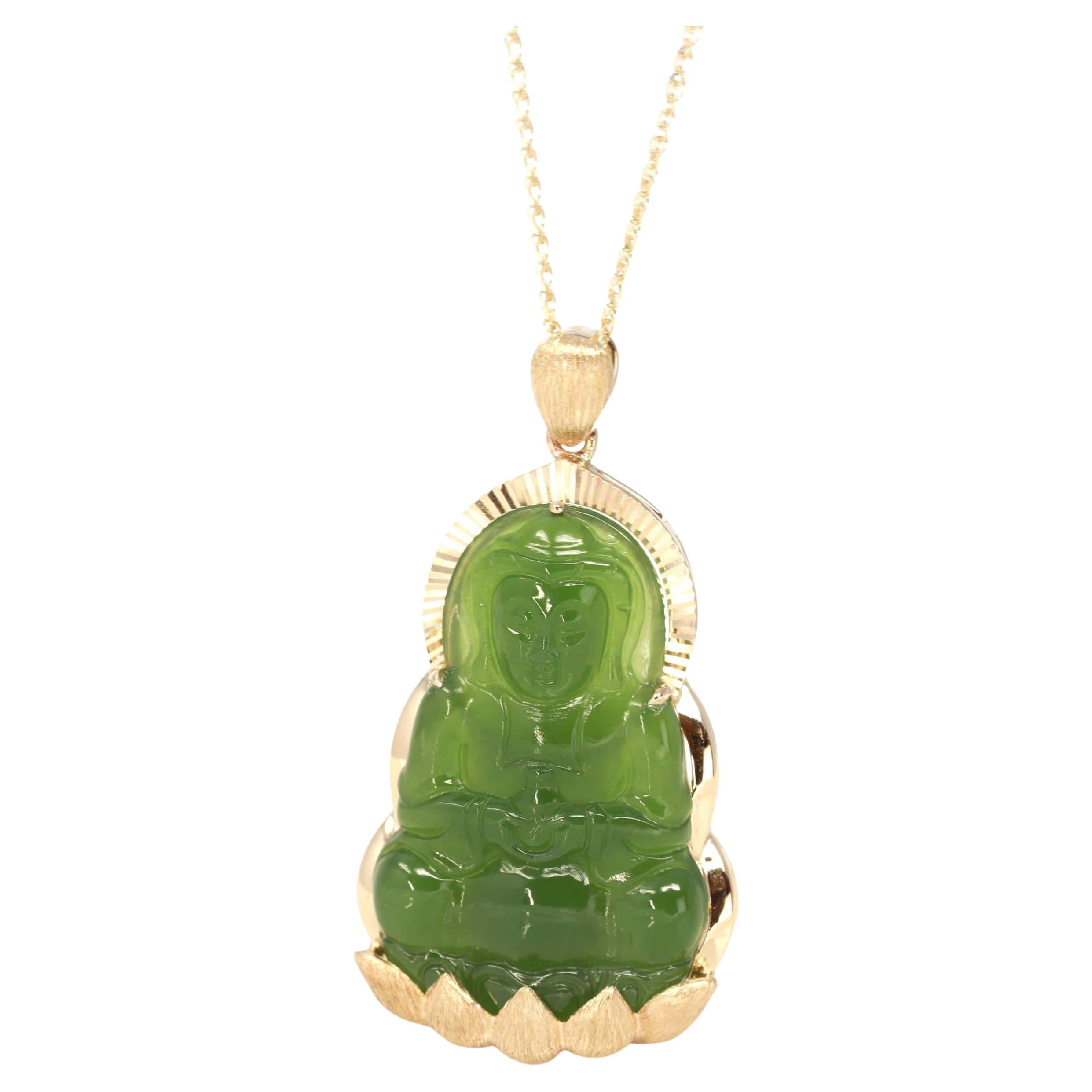 14K Yellow Gold Genuine Nephrite Green Jade Guan Yin Pendant Necklace For Sale
