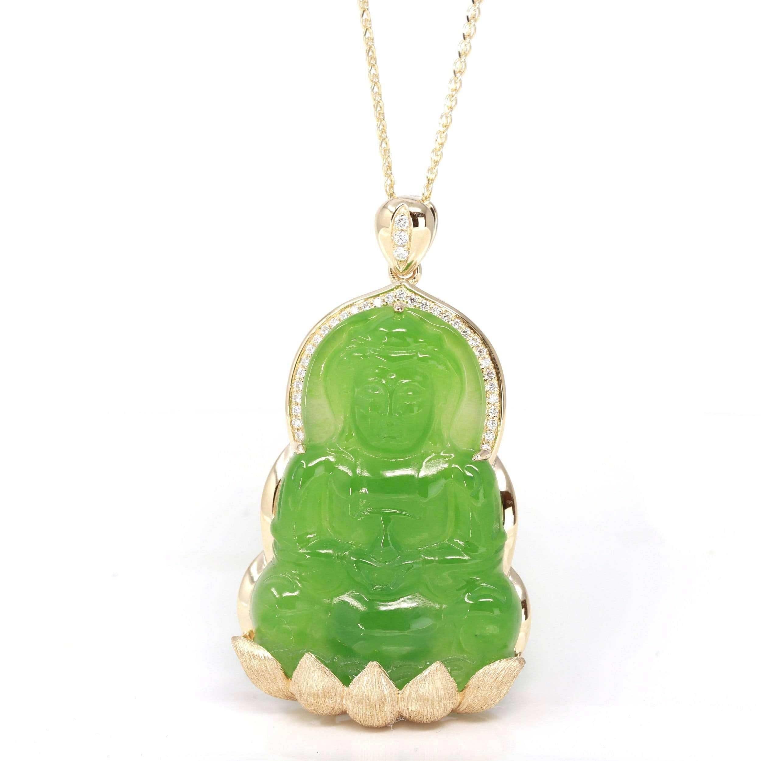DETAILS--- 14K Yellow Gold Genuine Nephrite Luxury Apple Green Jade Guanyin Pendant Necklace. This pendant is made with very high-quality genuine apple green jade, The green jade texture is so smooth and translucent. It's very perfect without flaws.